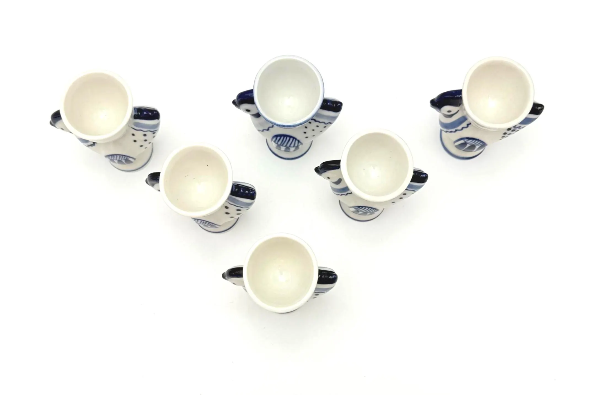 VINTAGE HAND PAINTED USSR FIGURAL ROOSTER EGG CUPS – SET OF 6 BLUE & WHITE CERAMIC FOLK ART