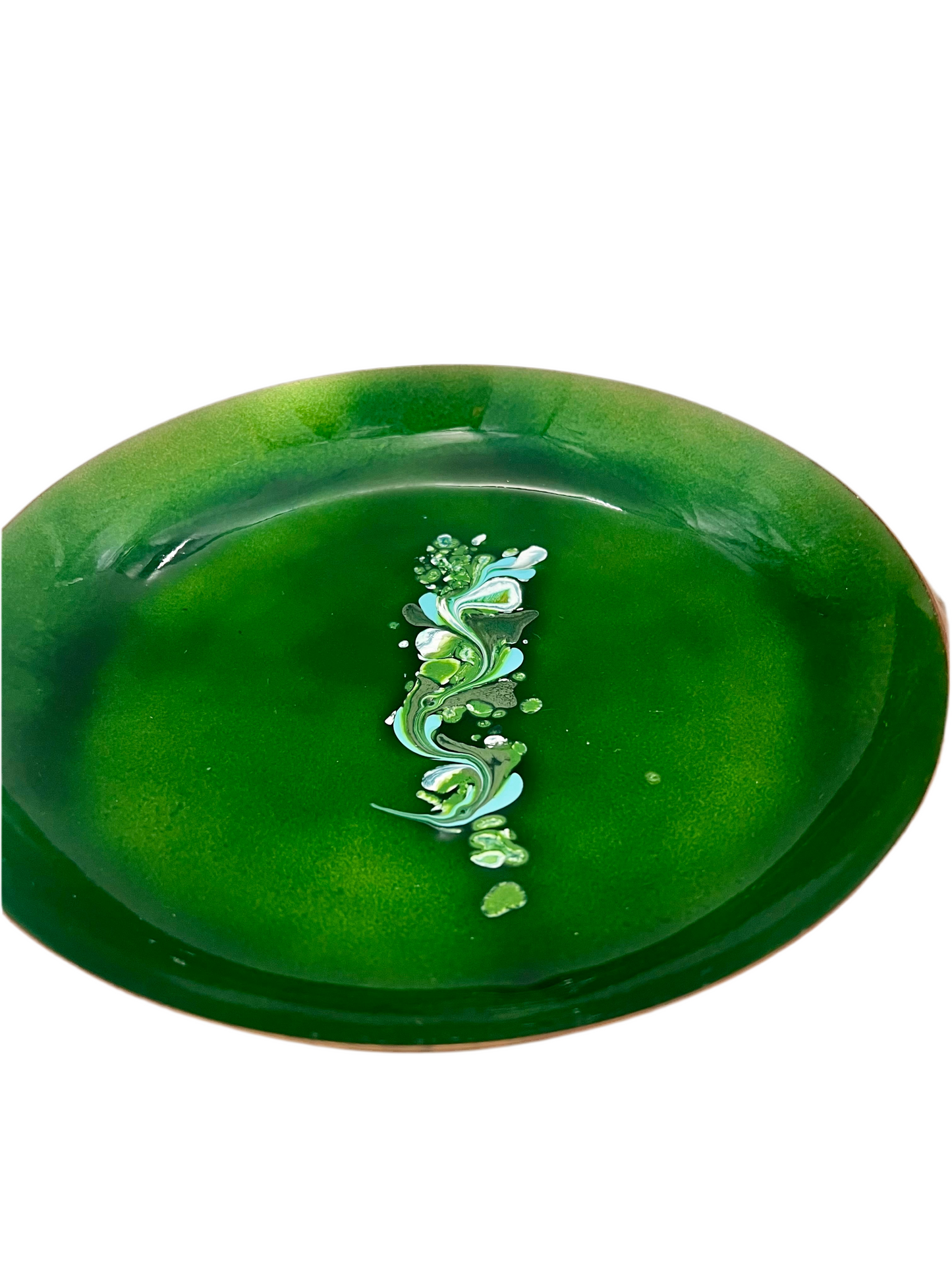 LEON STATHAM ENAMEL ON COPPER PLATES – MID-CENTURY MODERN GREEN ABSTRACT PAIR 8 INCHES