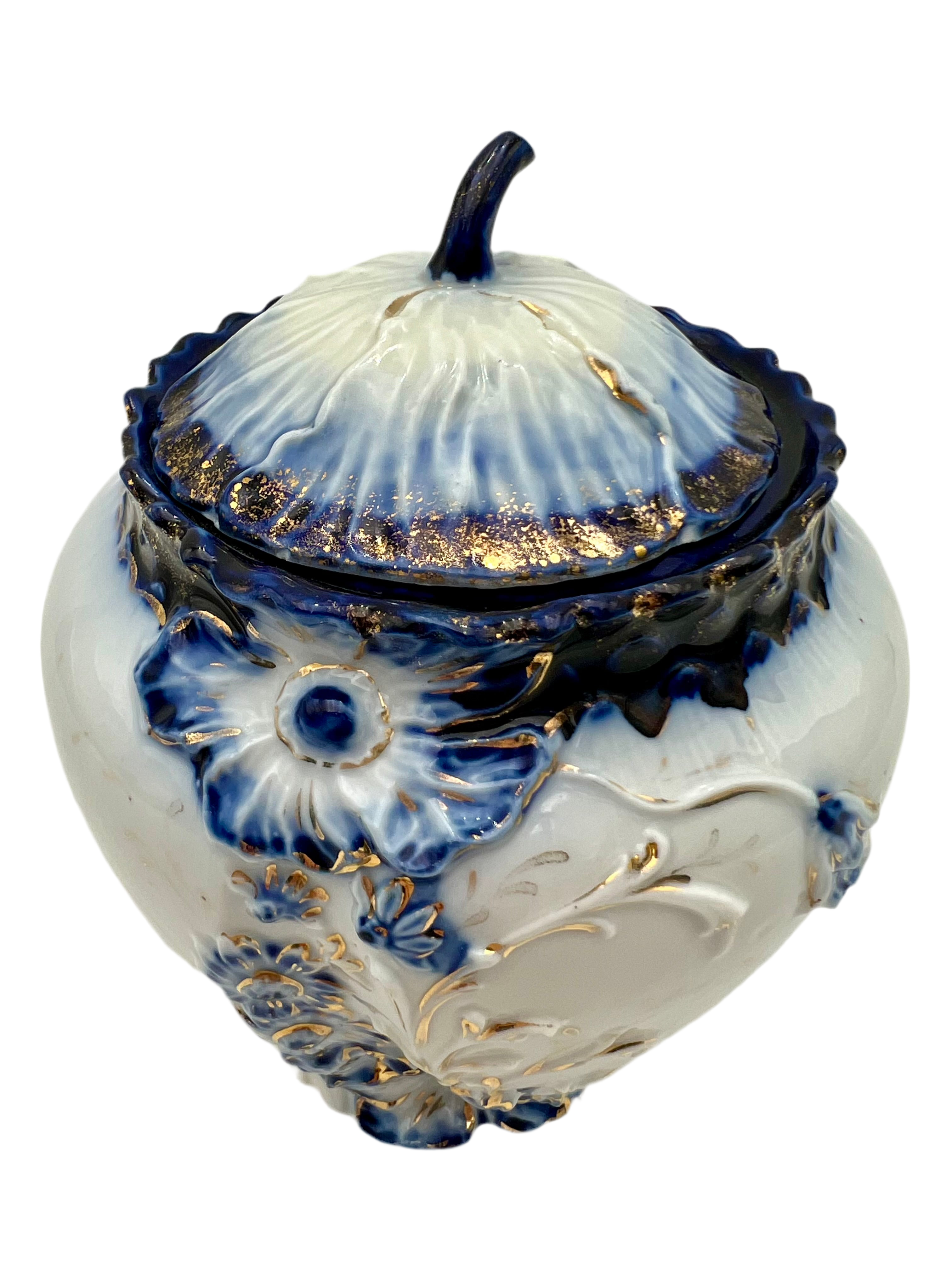 ANTIQUE COBALT BLUE & GOLD GILT PORCELAIN BISCUIT JAR WITH FLORAL RELIEF