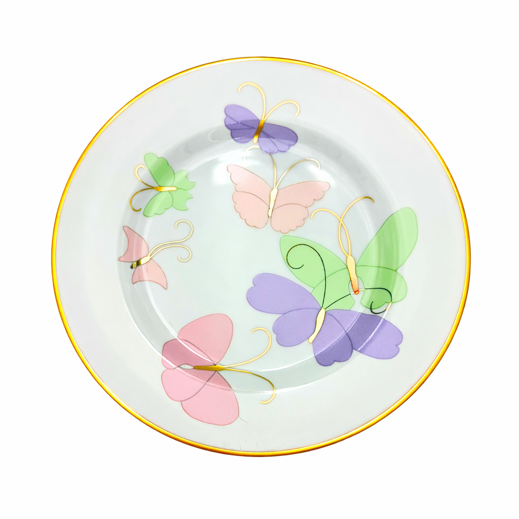FITZ AND FLOYD BUTTERFLY PORCELAIN DESSERT PLATES SET OF 2 GOLD TRIM ORIGINAL FOLEYS TAGS