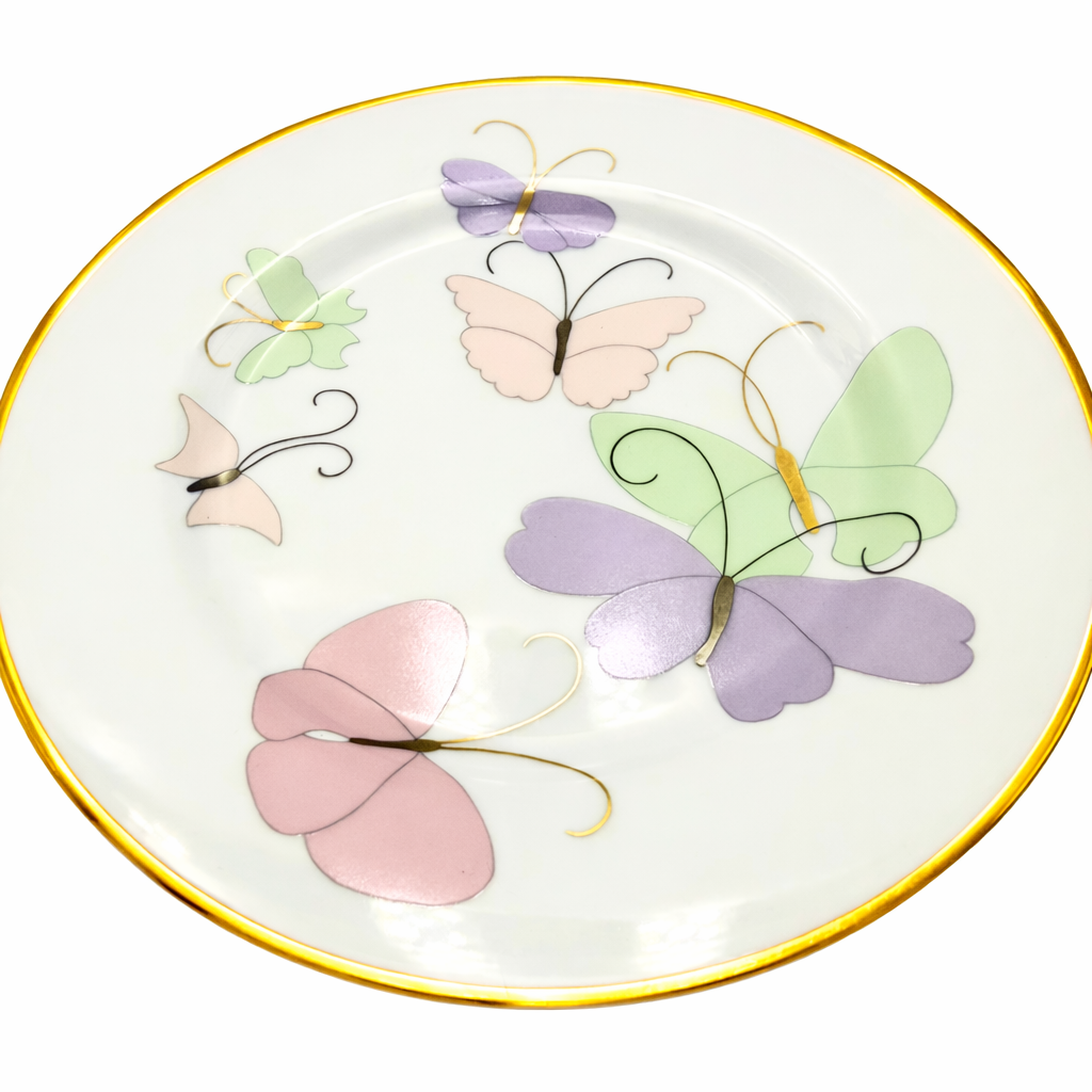 FITZ AND FLOYD BUTTERFLY PORCELAIN DESSERT PLATE GOLD TRIM 7.5 INCH