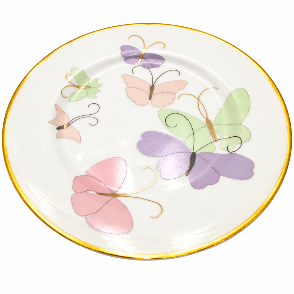 FITZ AND FLOYD BUTTERFLY PORCELAIN DESSERT PLATE GOLD TRIM 7.5 INCH