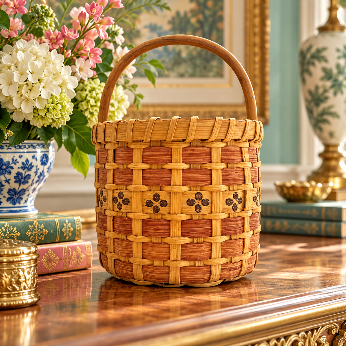 VINTAGE ADELE SCHAPER SIGNED HANDWOVEN BASKET WITH BENTWOOD HANDLE & FLORAL BAND – 10.5”