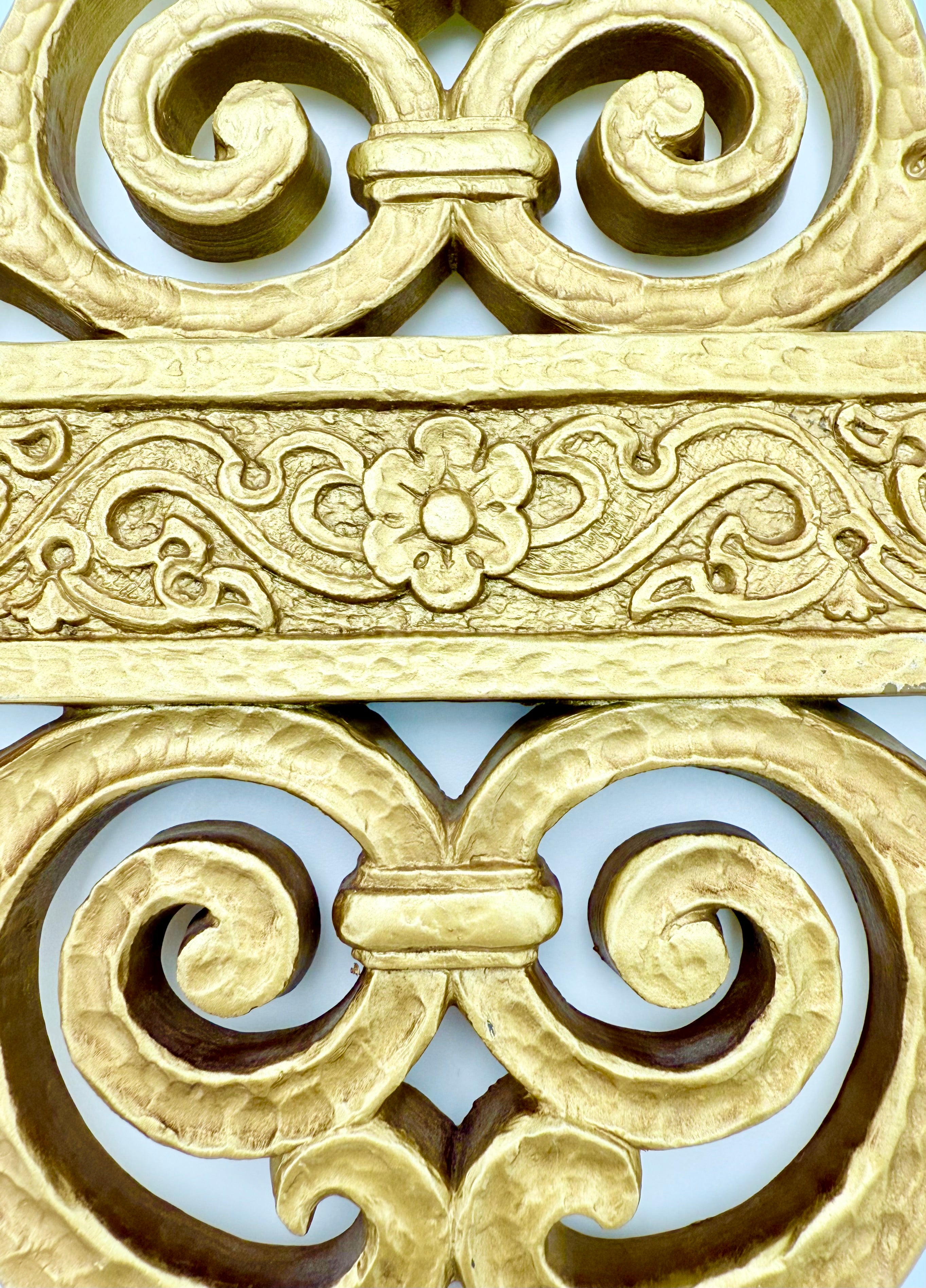 VINTAGE 1969 SYROCO GOLD SCROLL WALL SCONCES WITH GREEN HOBNAIL GLASS CUPS