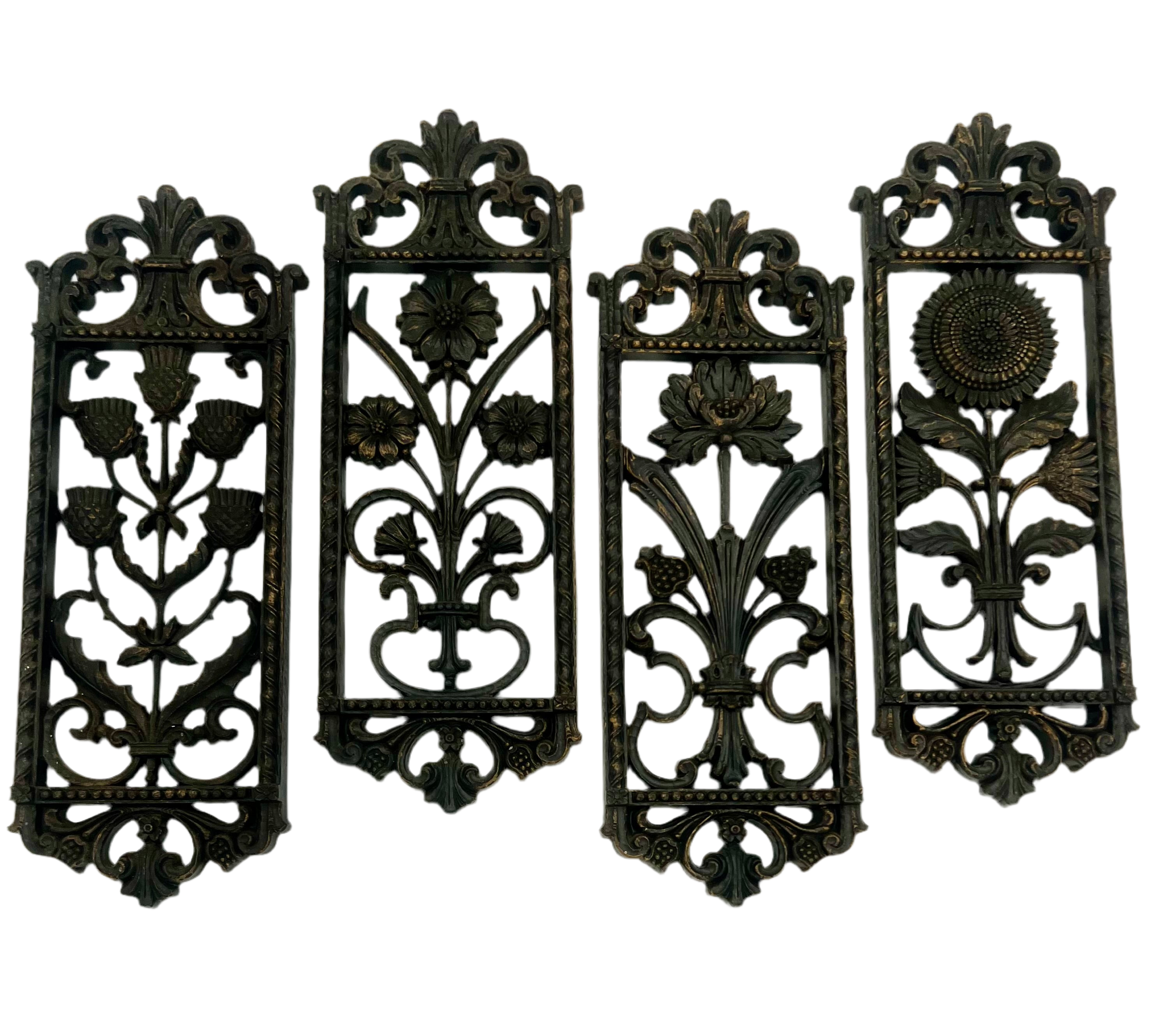 SET OF 4 BURWOOD 1960s–70s FLORAL WALL PLAQUES – GOTHIC REVIVAL PANELS – 16” TALL