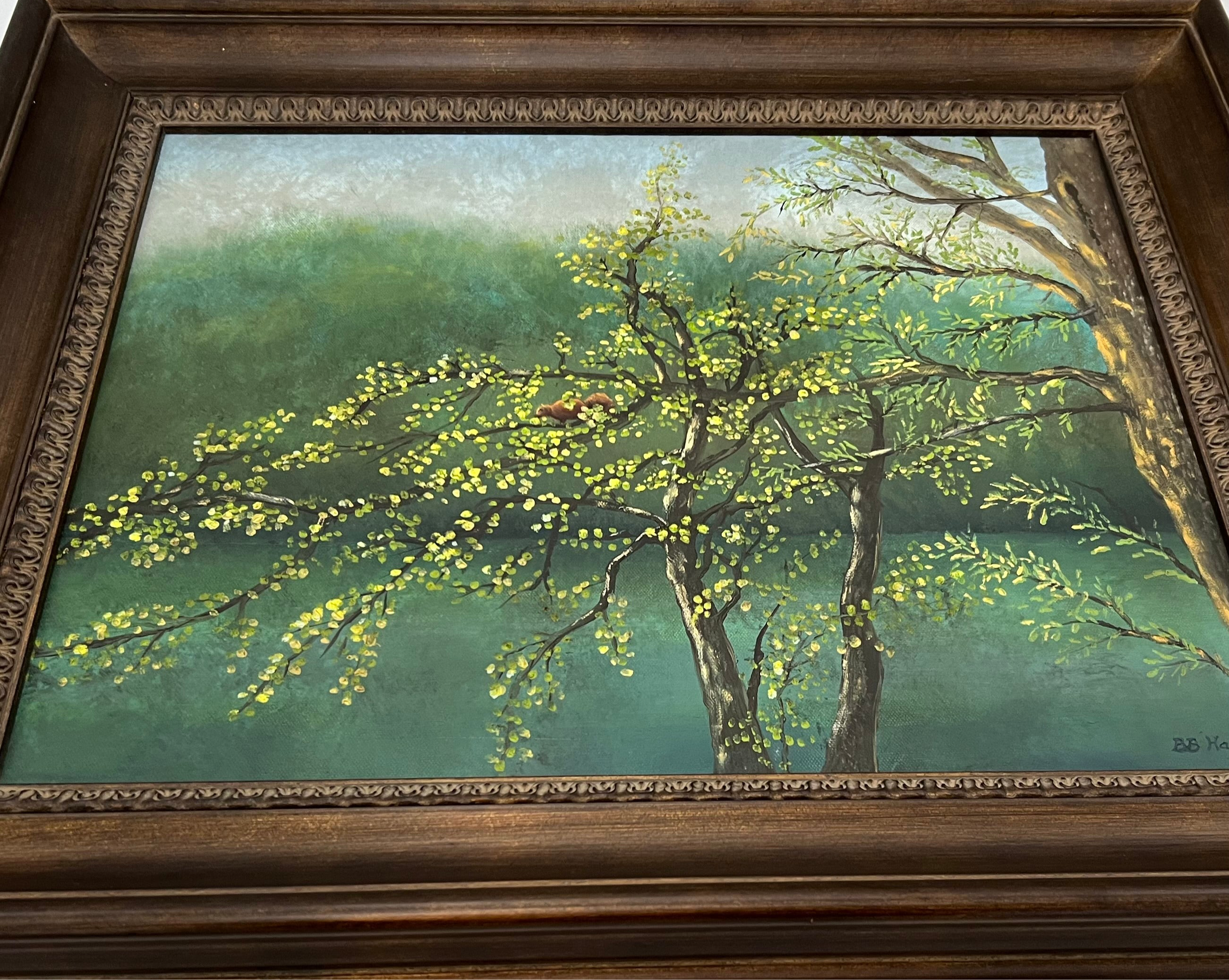 ORIGINAL ACRYLIC PAINTING BY B.B. HAYS – WOODLAND SQUIRREL IN SPRING TREE – VINTAGE 1990S NATURE LANDSCAPE ART IN CARVED WOOD FRAME