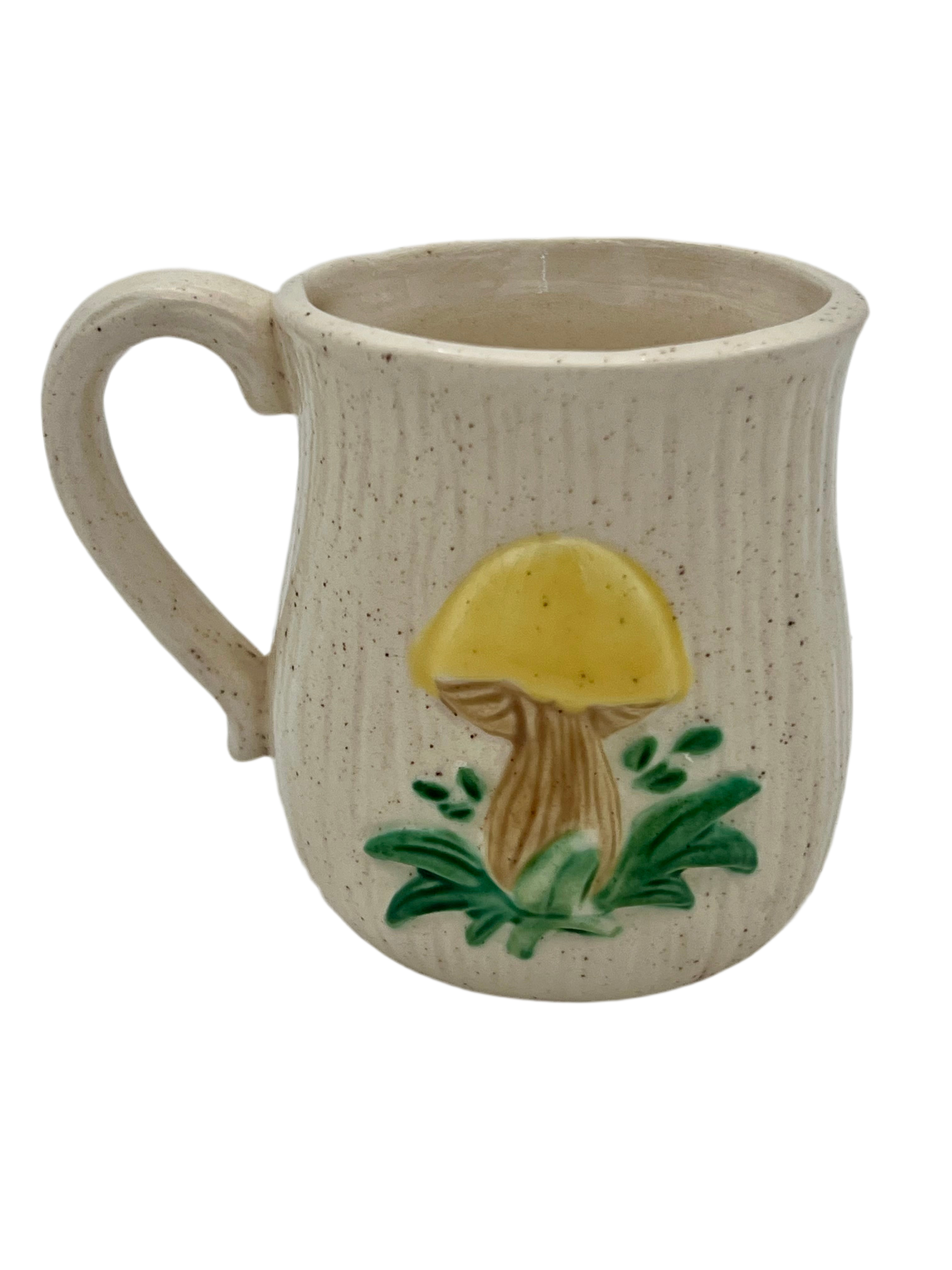 VINTAGE MUSHROOM STONEWARE MUG – 1970s COTTAGECORE CERAMIC COFFEE CUP, RETRO FUNGI KITCHEN DECOR