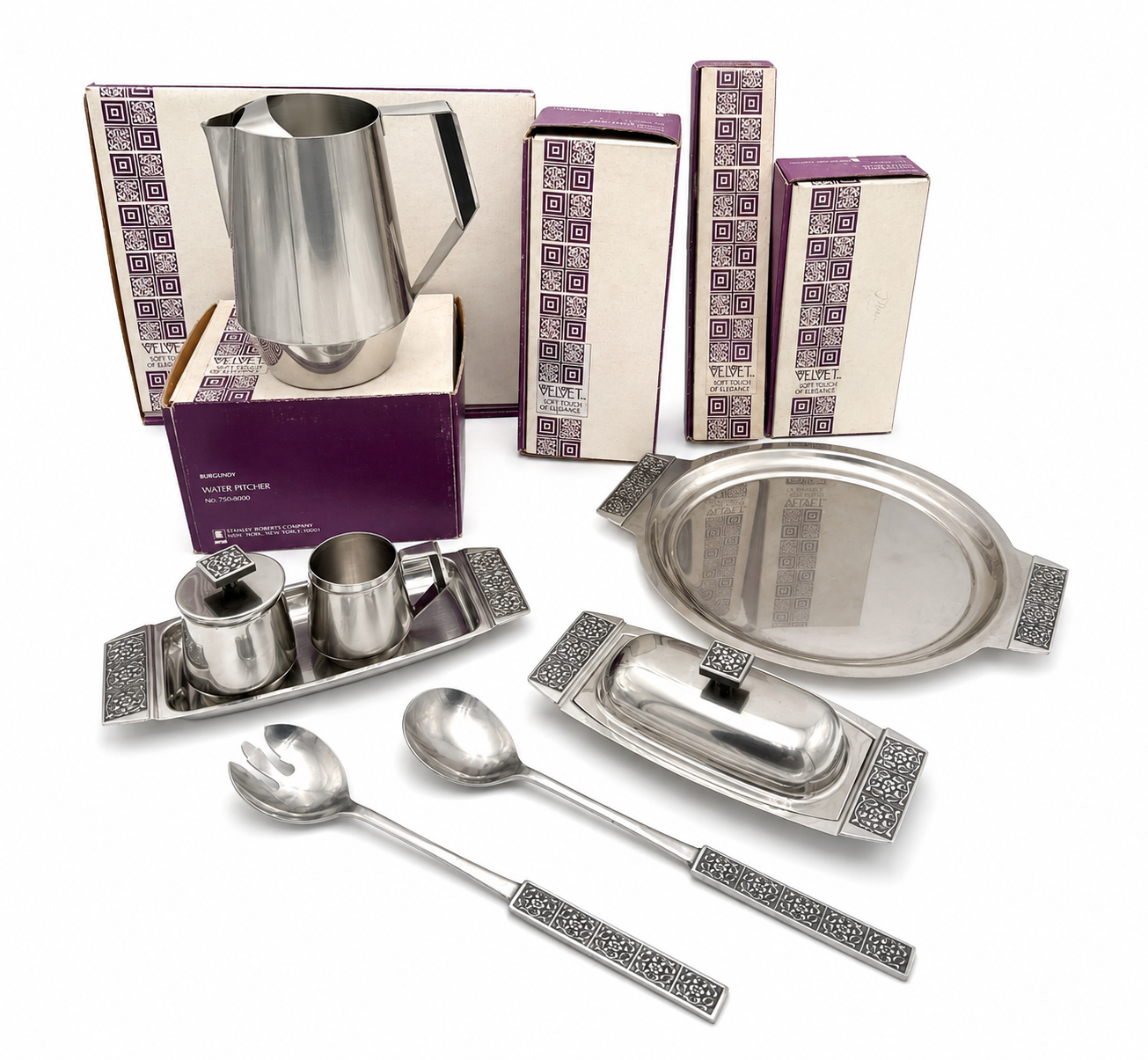 VINTAGE STANLEY ROBERTS BURGUNTINE-VELVET STAINLESS STEEL ENTERTAINING COLLECTION WITH ORIGINAL BOXES