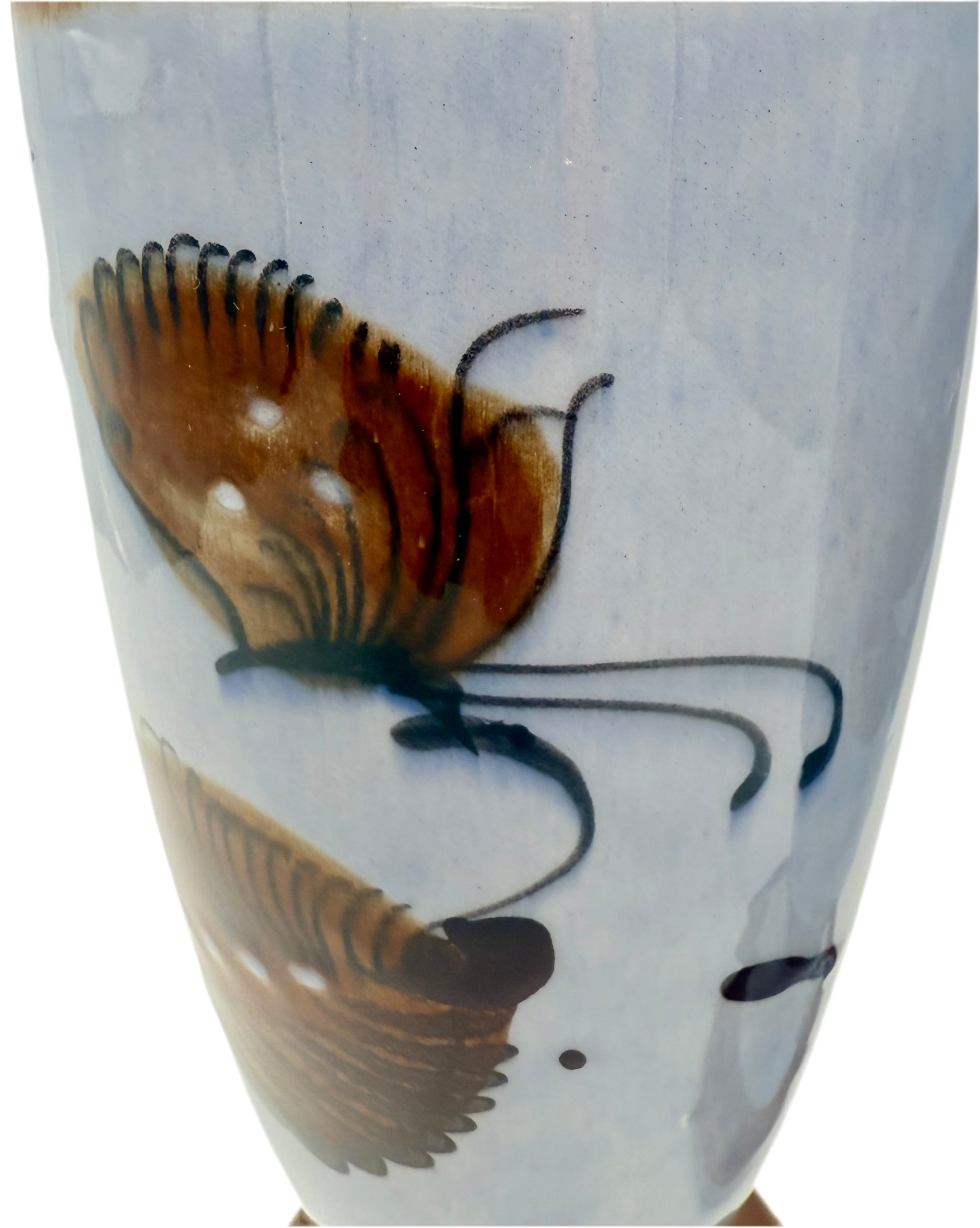 VINTAGE STUDIO POTTERY BIRD & BUTTERFLY VASES SIGNED ALEX XID | MID CENTURY HAND PAINTED CERAMIC VASES | 16 INCH ART POTTERY