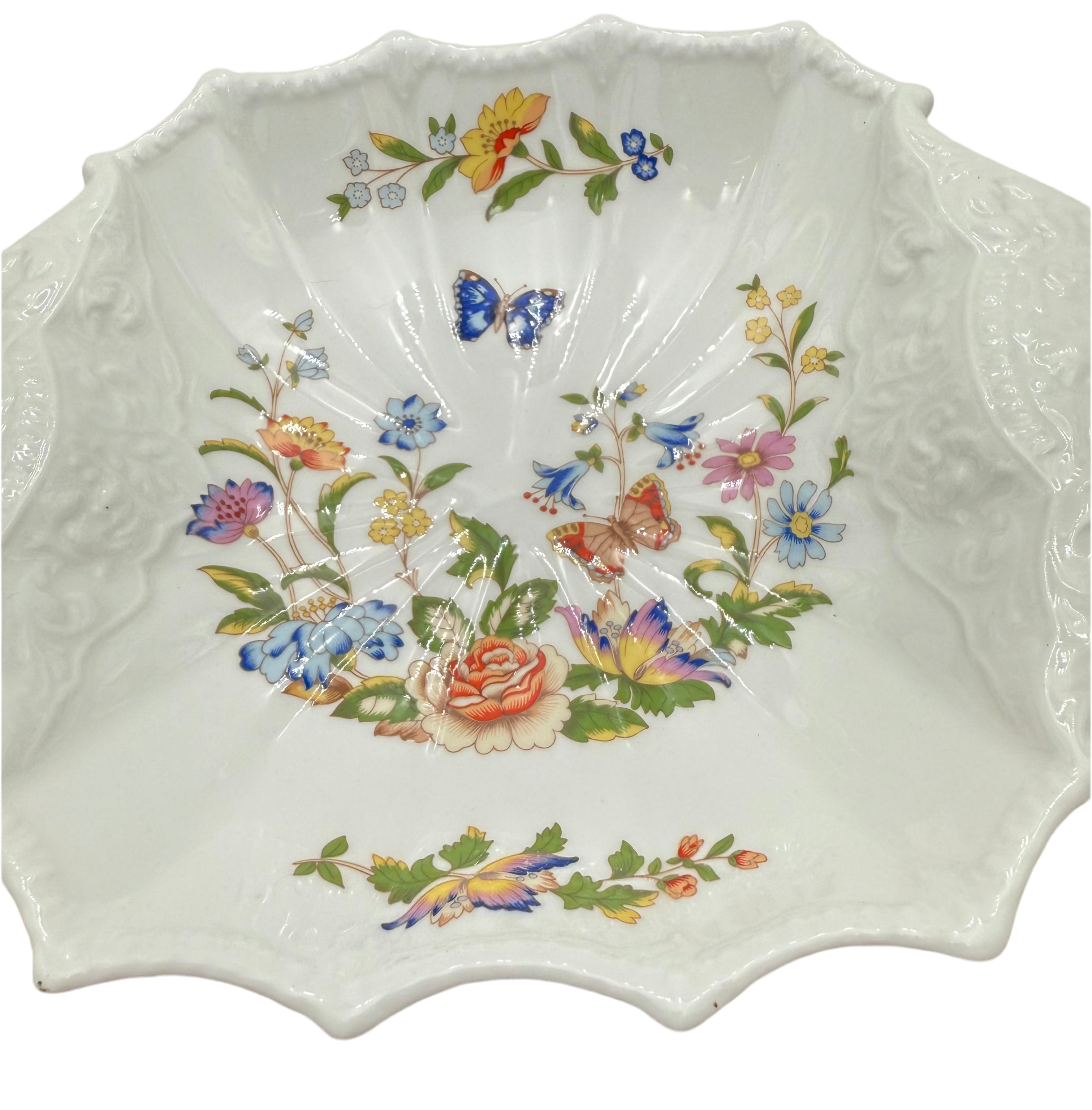 ANSLEY COTTAGE GARDEN SCALLOPED SHELL DISH VINTAGE ENGLISH BONE CHINA FLORAL BUTTERFLY DECORATIVE BOWL