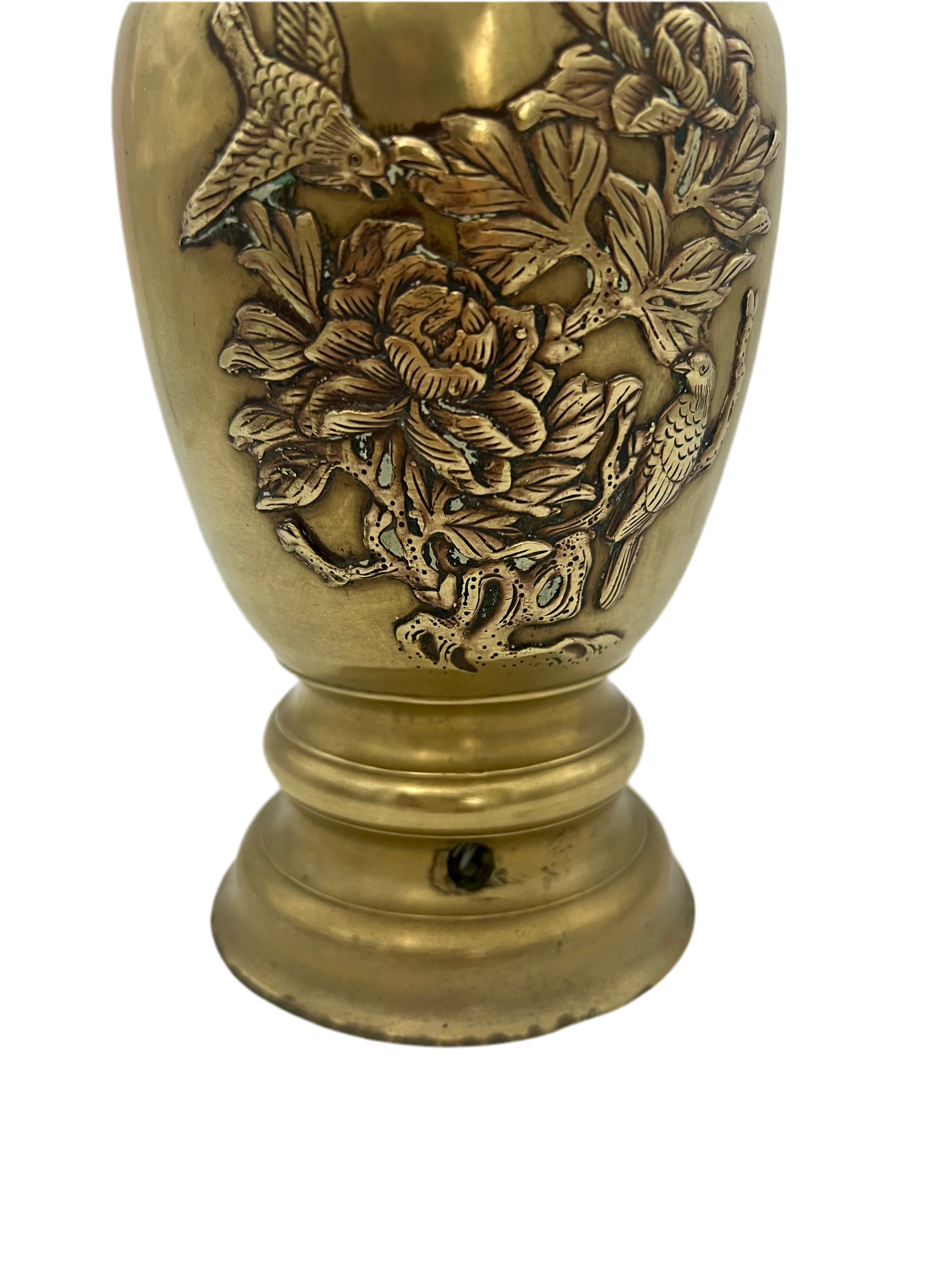 CHINOISERIE CAST BRASS DRAGON HANDLE ALTAR VASE WITH PEONY & BIRD RELIEF – 13.75 INCH STATEMENT PIECE