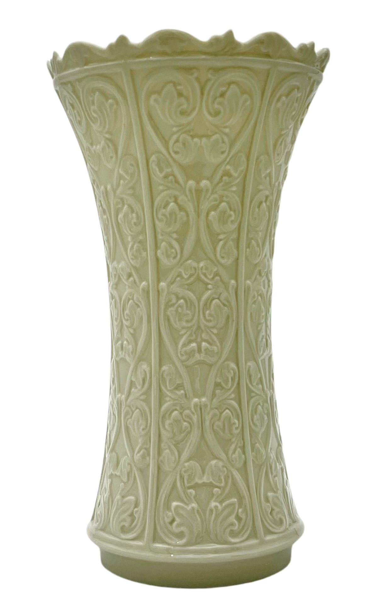 VINTAGE LENOX IVORY EMBOSSED PORCELAIN VASE – SCALLOPED RIM, RAISED FLORAL SCROLL DESIGN, 1930s–1950s MADE IN USA