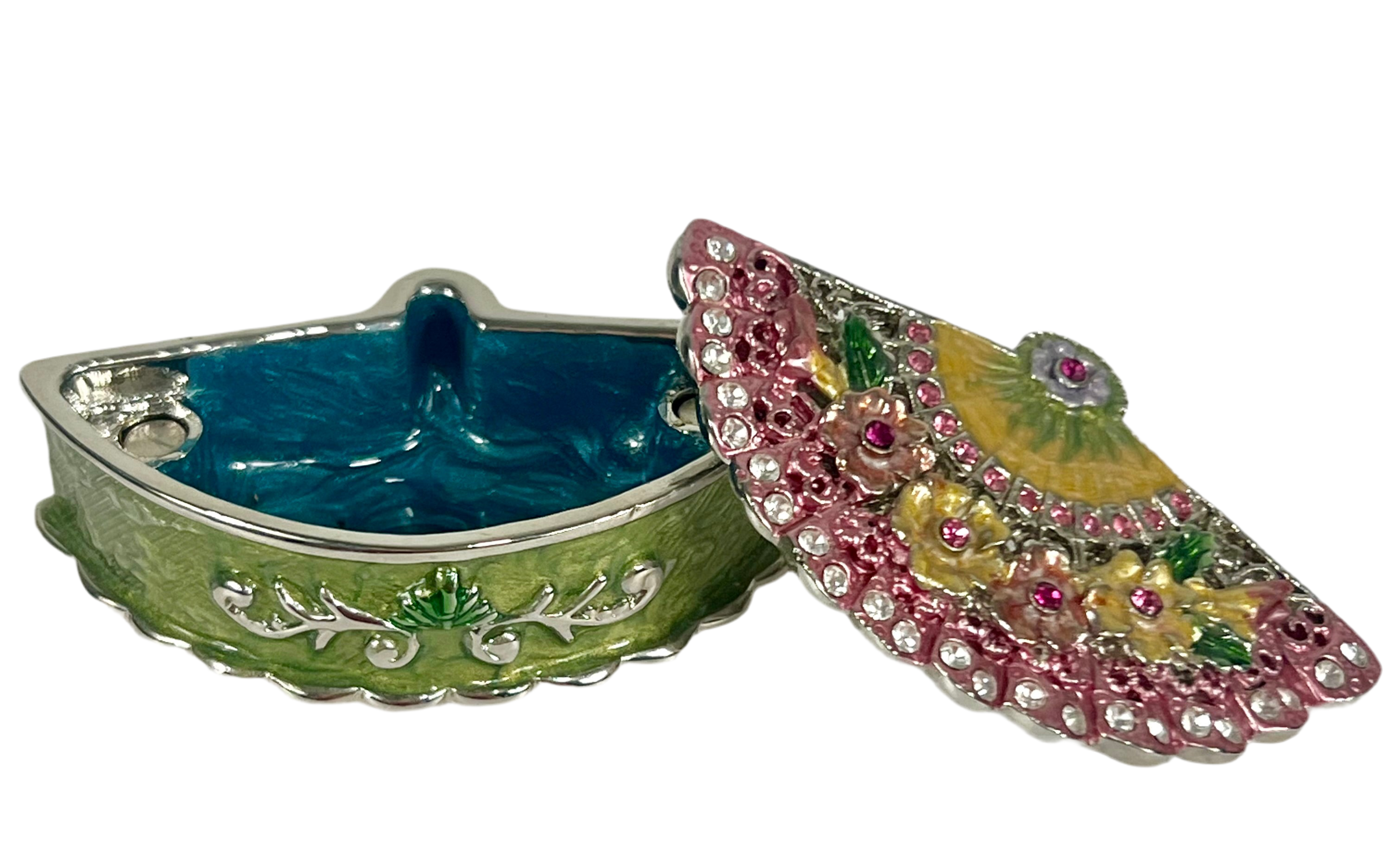 VINTAGE STYLE FAN TRINKET BOX WITH ENAMEL FLOWERS AND JEWELED CRYSTALS
