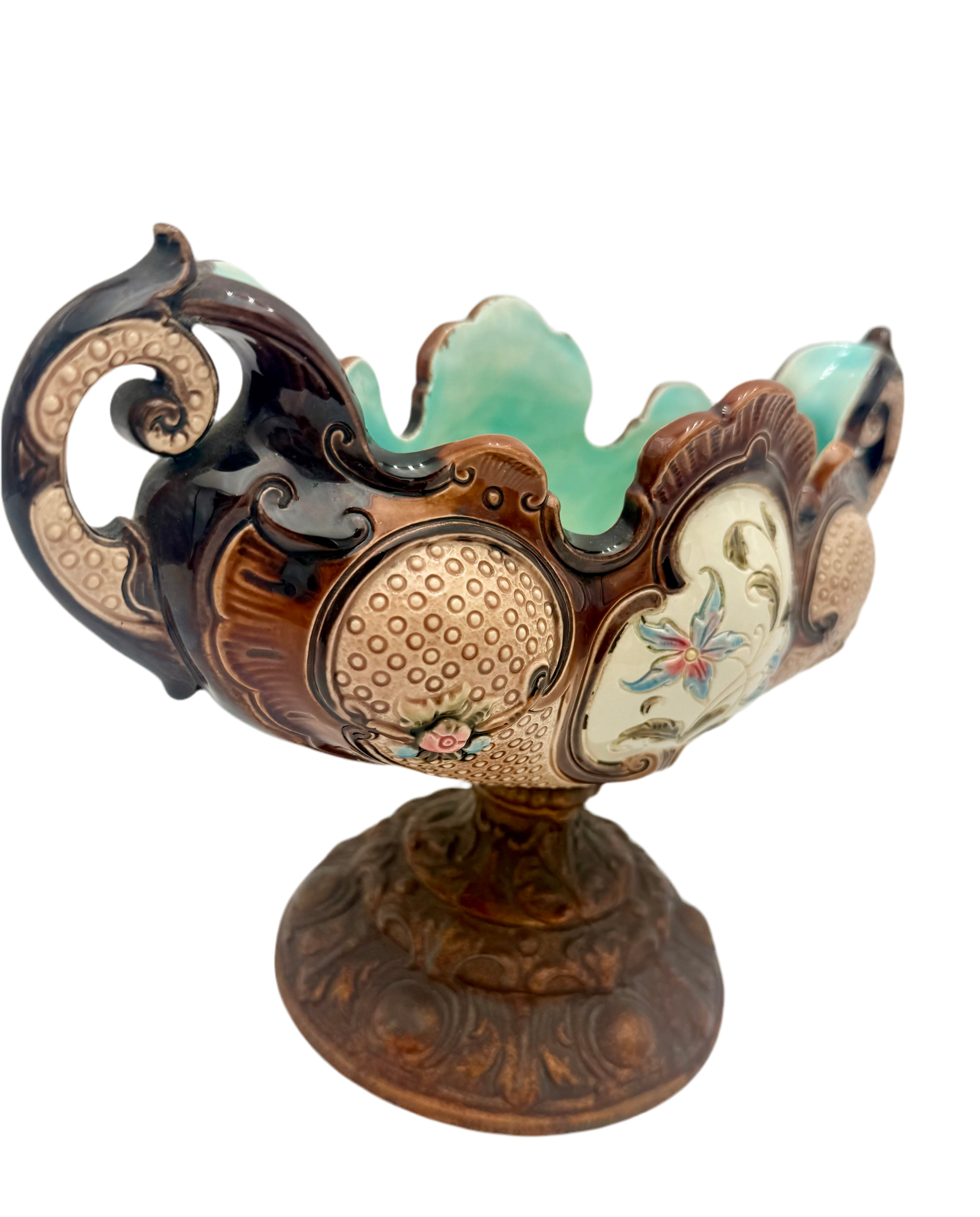 ANTIQUE VICTORIAN MAJOLICA PEDESTAL PLANTER – HAND PAINTED FLORAL SCALLOPED BOWL