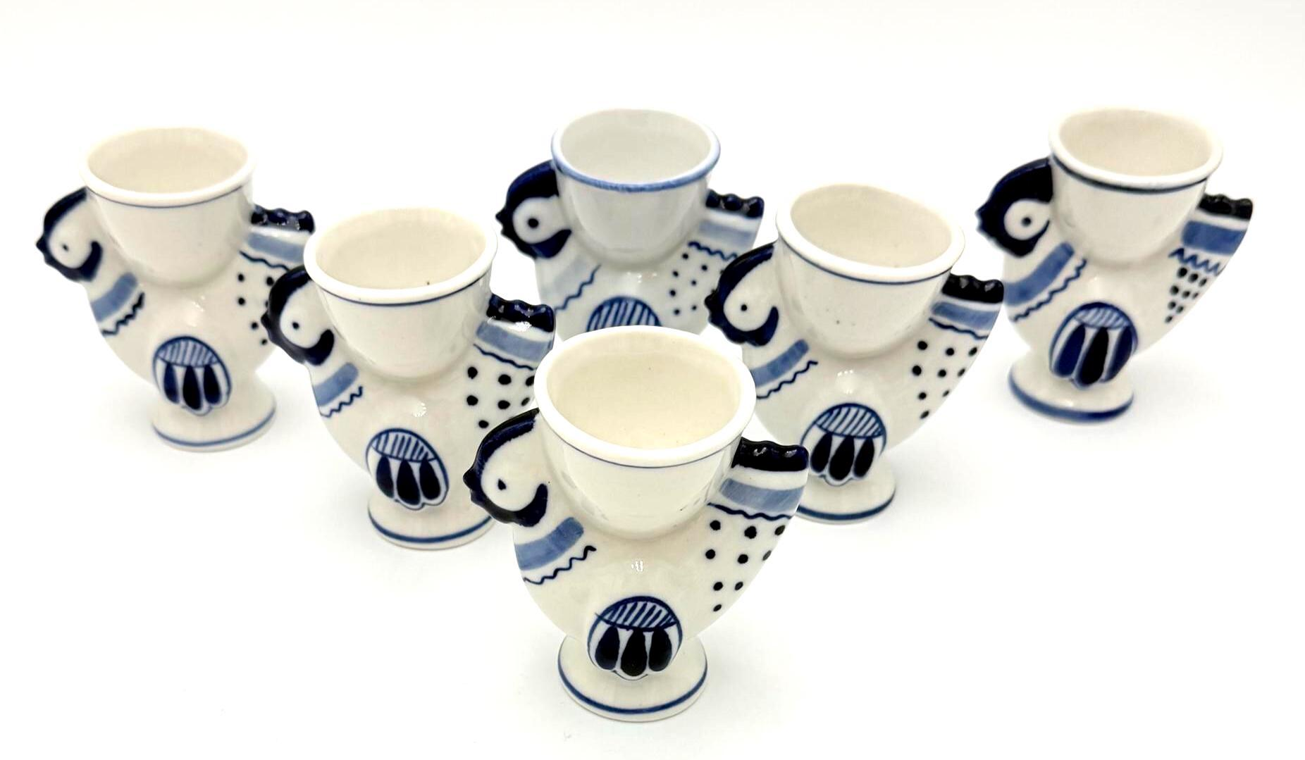 VINTAGE HAND PAINTED USSR FIGURAL ROOSTER EGG CUPS – SET OF 6 BLUE & WHITE CERAMIC FOLK ART