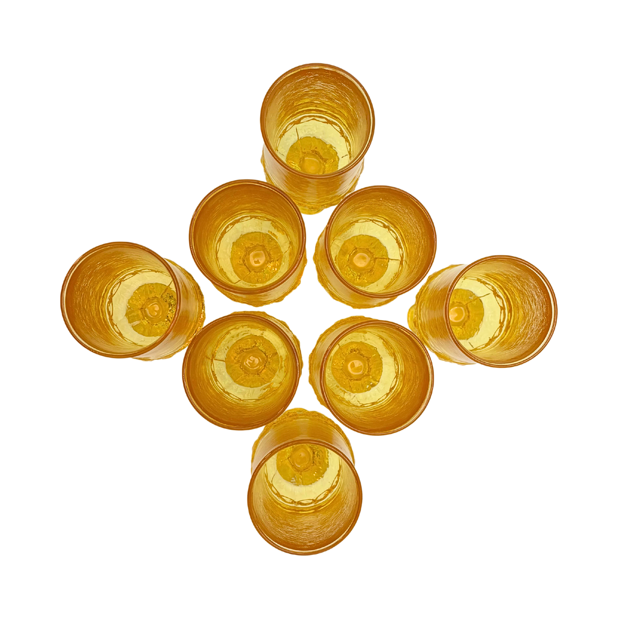 MID CENTURY YELLOW PEDESTAL GOBLETS SET OF 4 TEXTURED 1970S GLASSWARE