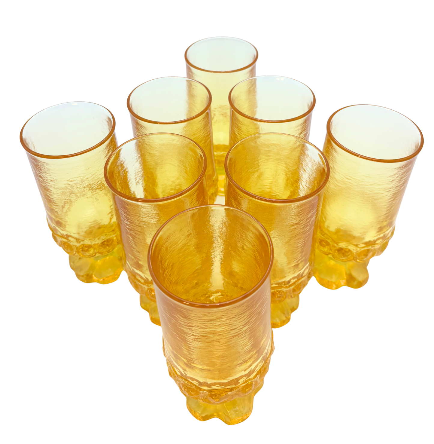 MID CENTURY YELLOW PEDESTAL GOBLETS SET OF 4 TEXTURED 1970S GLASSWARE