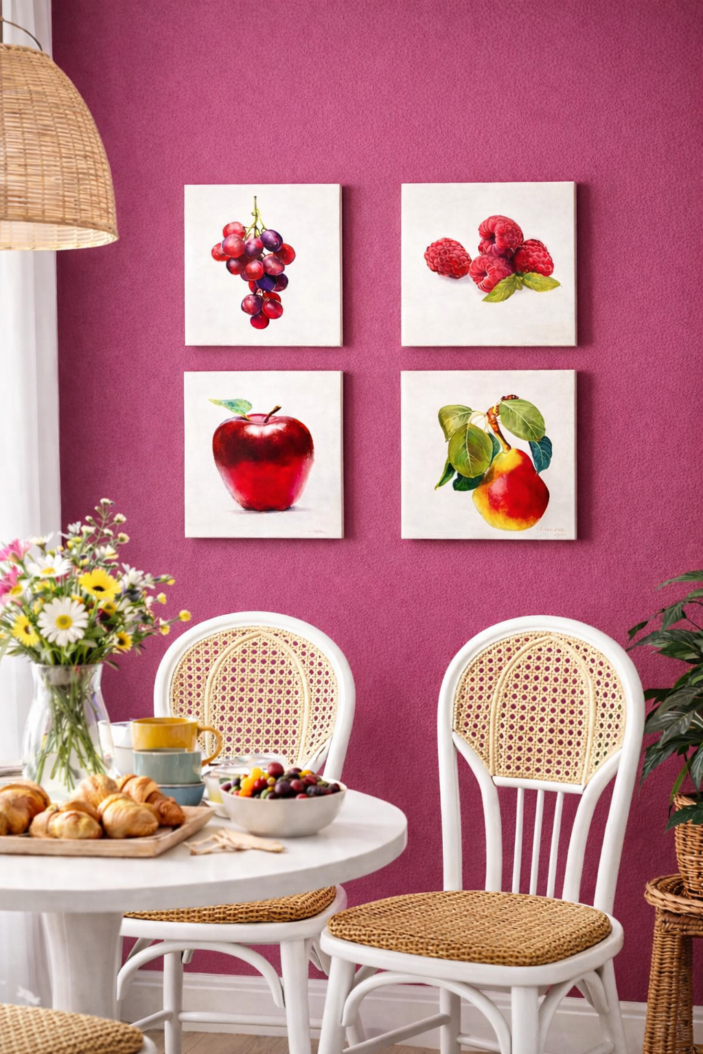 SIGNED ROSE HOHENBERGER (HOUSTON, TEXAS) FRUIT STILL LIFE PANEL SERIES — SET OF FOUR — 12"×12" DEEP-EDGE WOOD PANELS