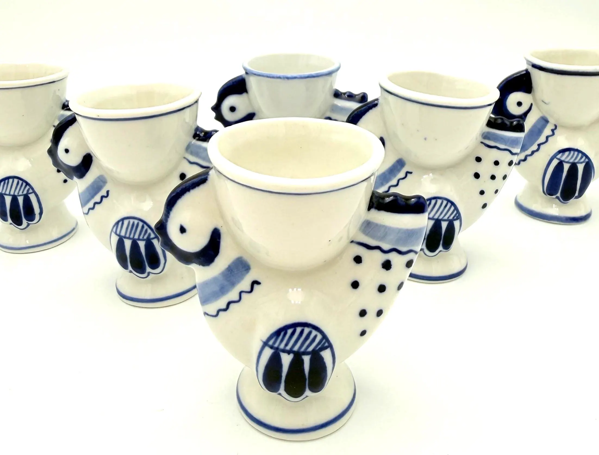 VINTAGE HAND PAINTED USSR FIGURAL ROOSTER EGG CUPS – SET OF 6 BLUE & WHITE CERAMIC FOLK ART