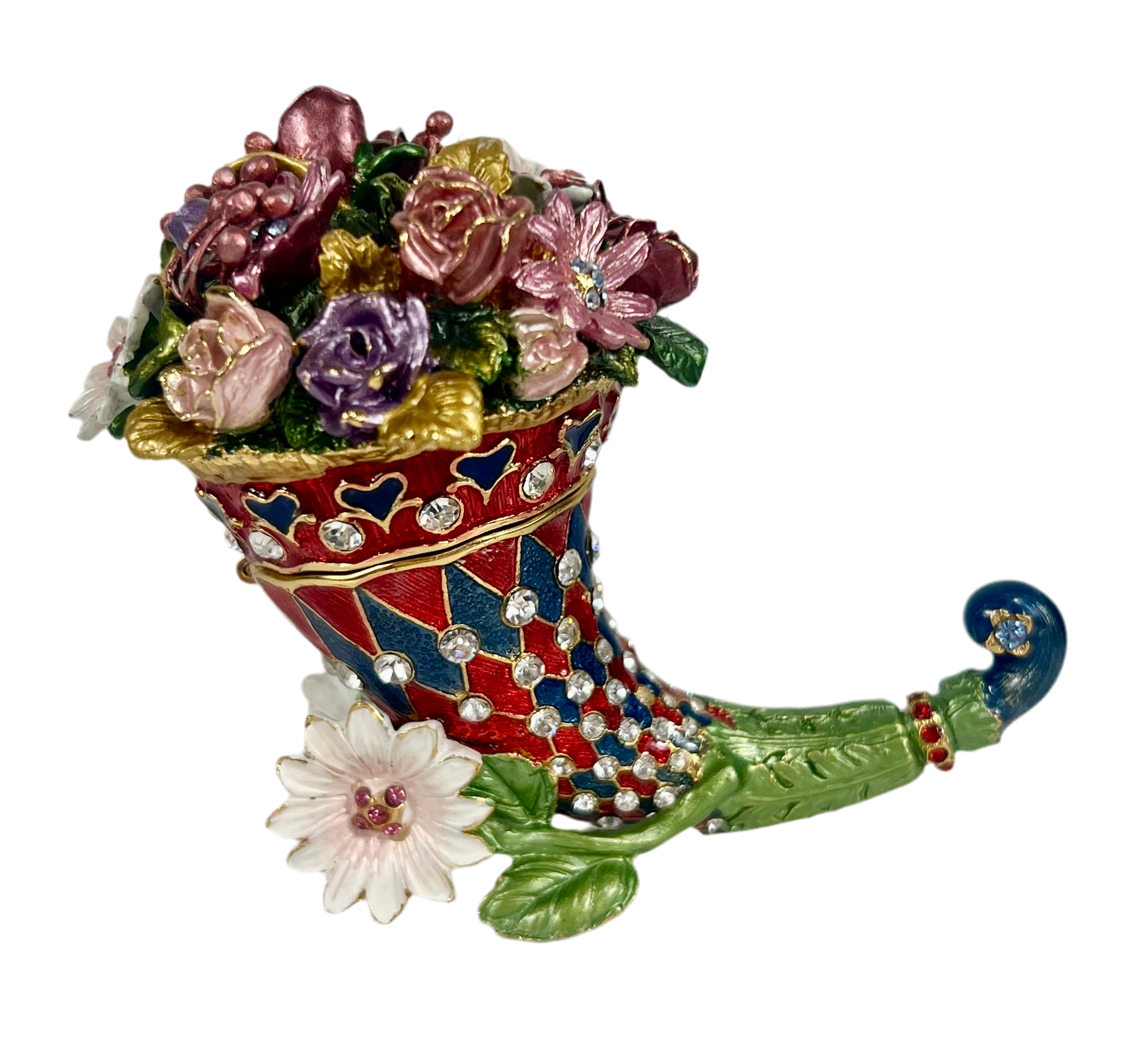 JEWELED CORNUCOPIA TRINKET BOX ENAMEL FLORAL HORN OF PLENTY DECOR