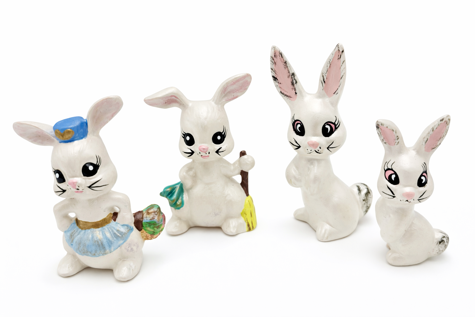 VINTAGE MID CENTURY CERAMIC EASTER BUNNY FIGURINES SET OF 4 JAPAN STYLE SPRING DECOR WHITE RABBITS