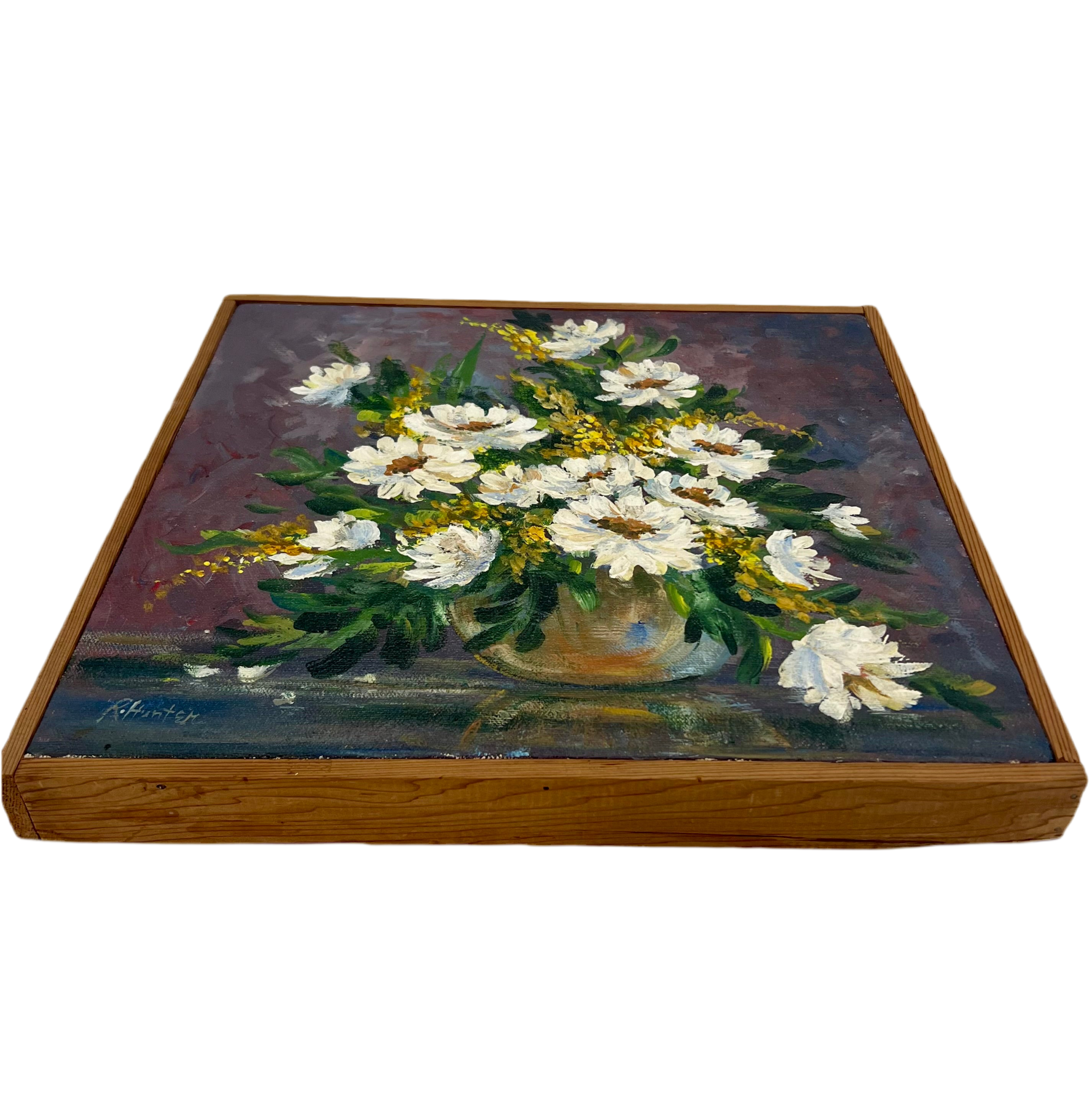 1976 SIGNED R. HUNTER PAINTING “WHITE FLOWERS” ORIGINAL ACRYLIC STILL LIFE