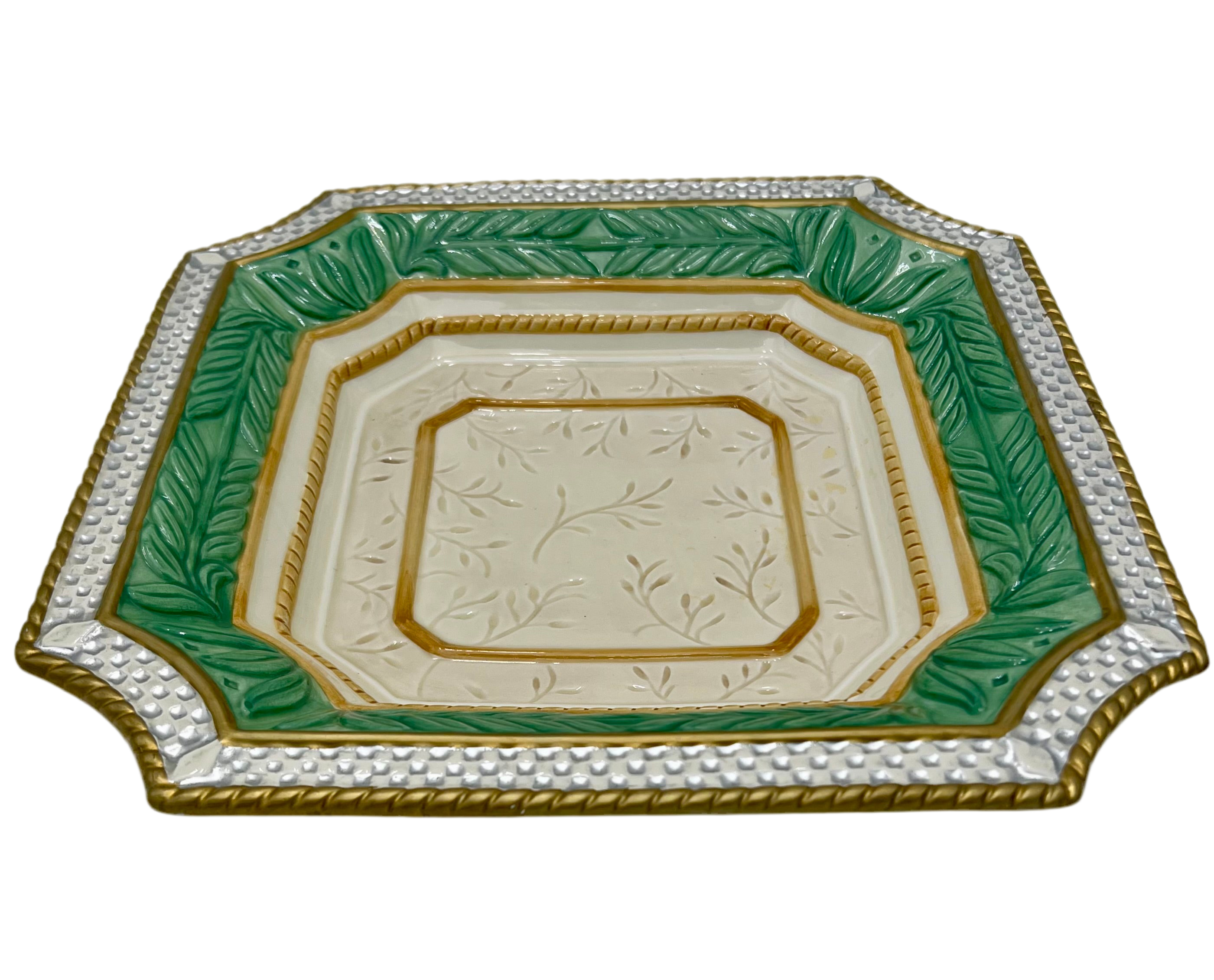 FITZ AND FLOYD ORNATE GREEN. WHITE, AND GOLD DECORATIVE BOWL
