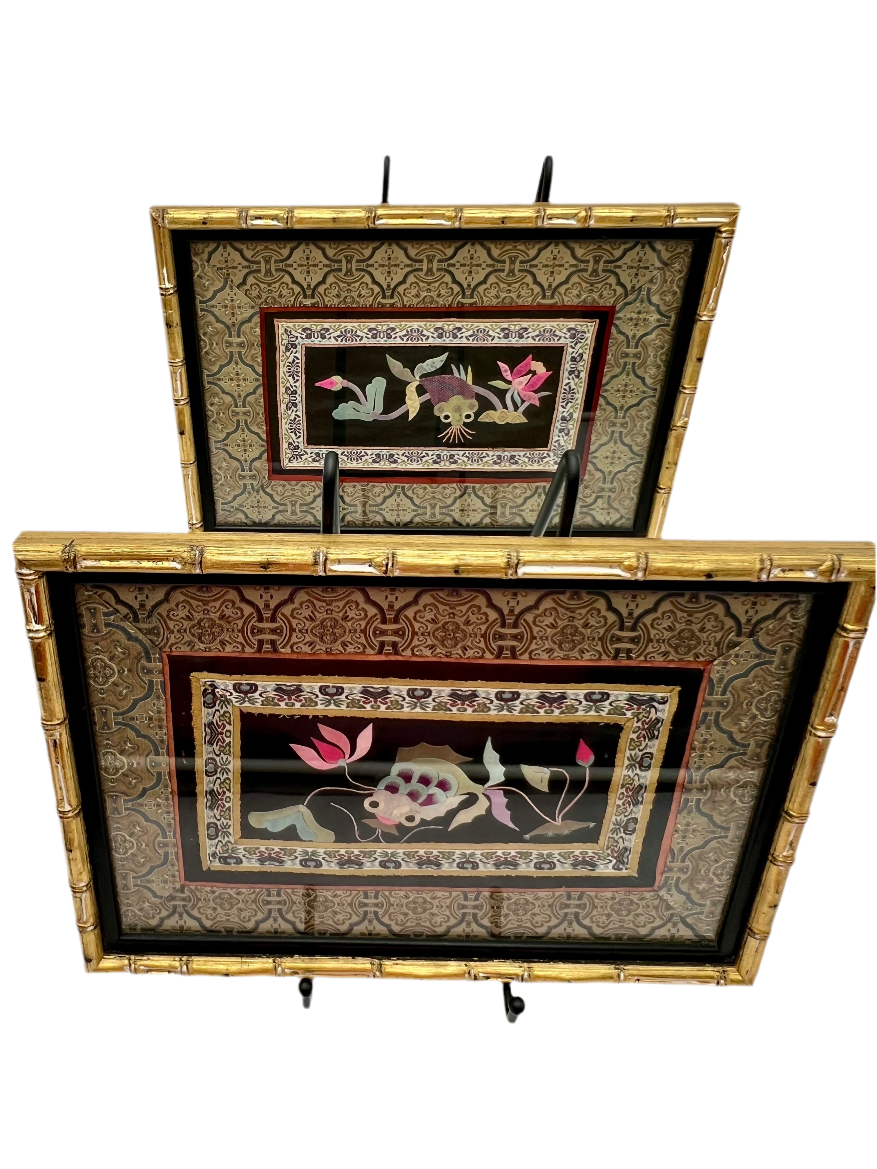 VINTAGE CHINESE SILK EMBROIDERY KOI FISH PANELS – FRAMED IN GOLD BAMBOO FRAMES