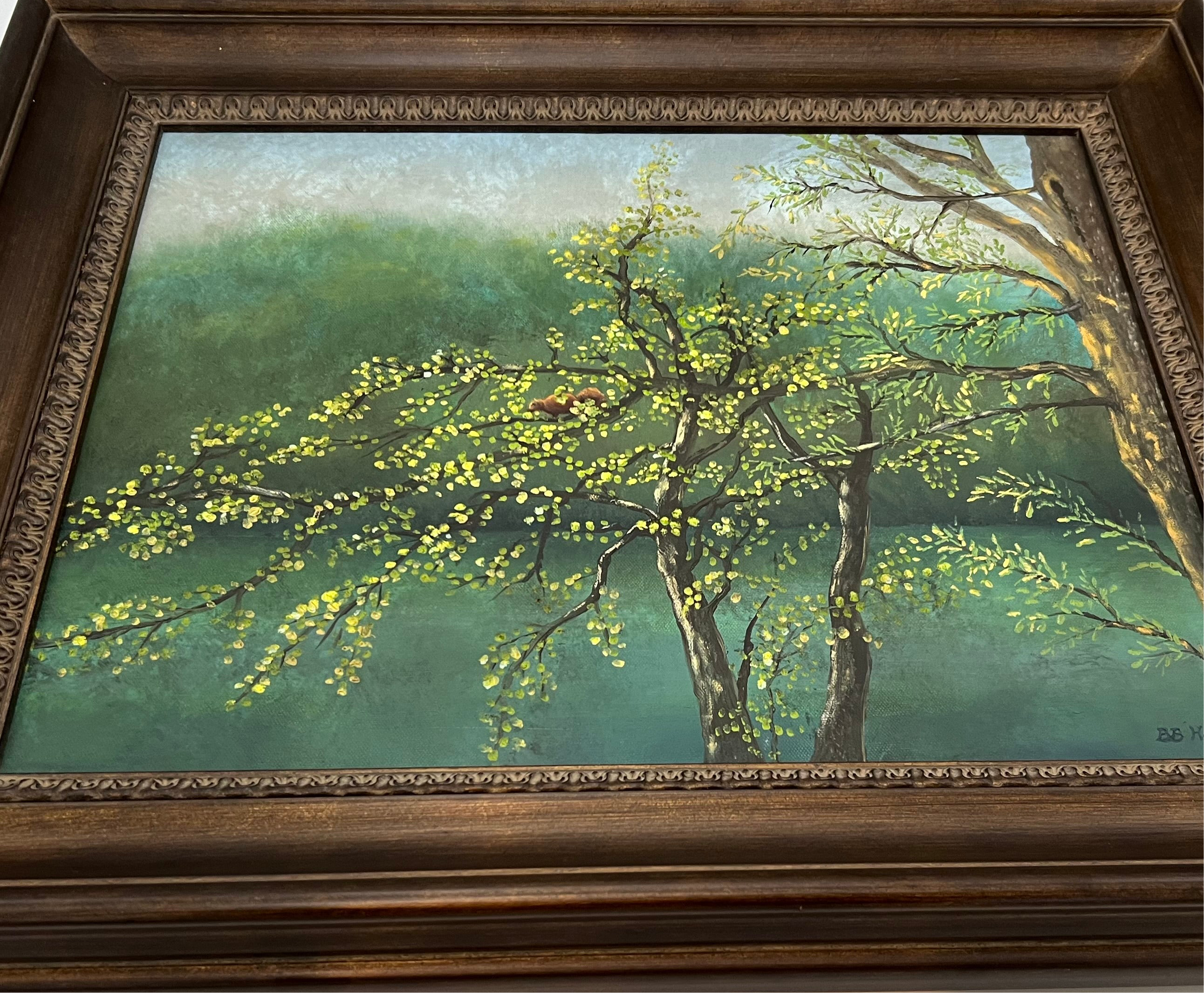 ORIGINAL ACRYLIC PAINTING BY B.B. HAYS – WOODLAND SQUIRREL IN SPRING TREE – VINTAGE 1990S NATURE LANDSCAPE ART IN CARVED WOOD FRAME