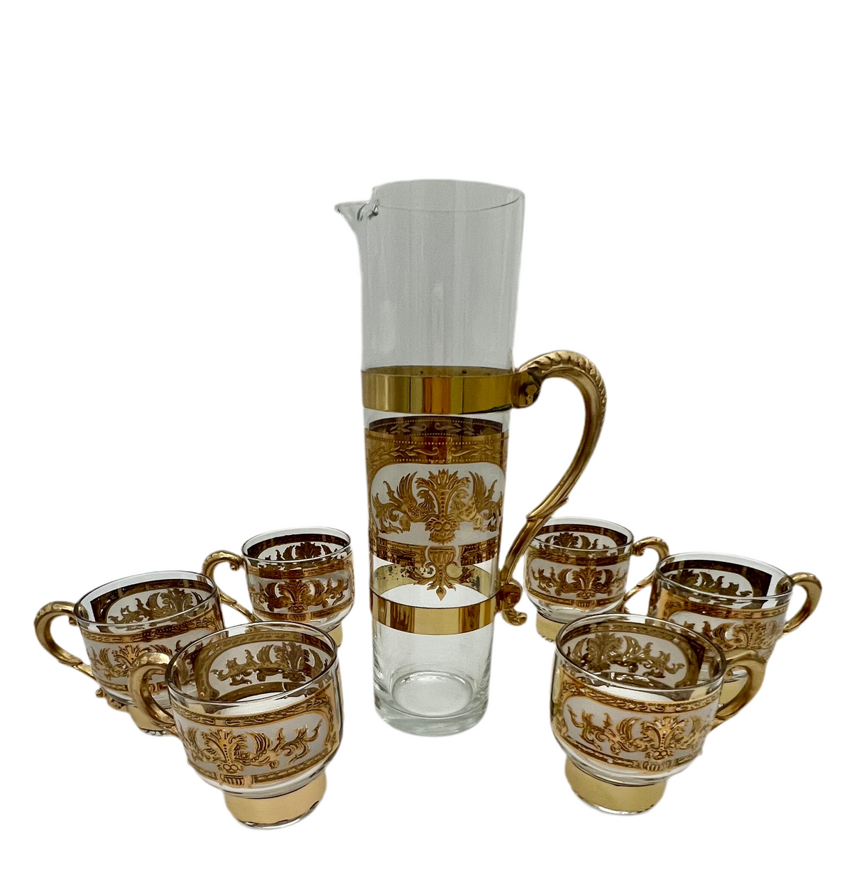 VINTAGE CULVER RENAISSANCE BRASS MOUNTED PITCHER SET 22K GOLD SCROLL MID CENTURY HOLLYWOOD REGENCY