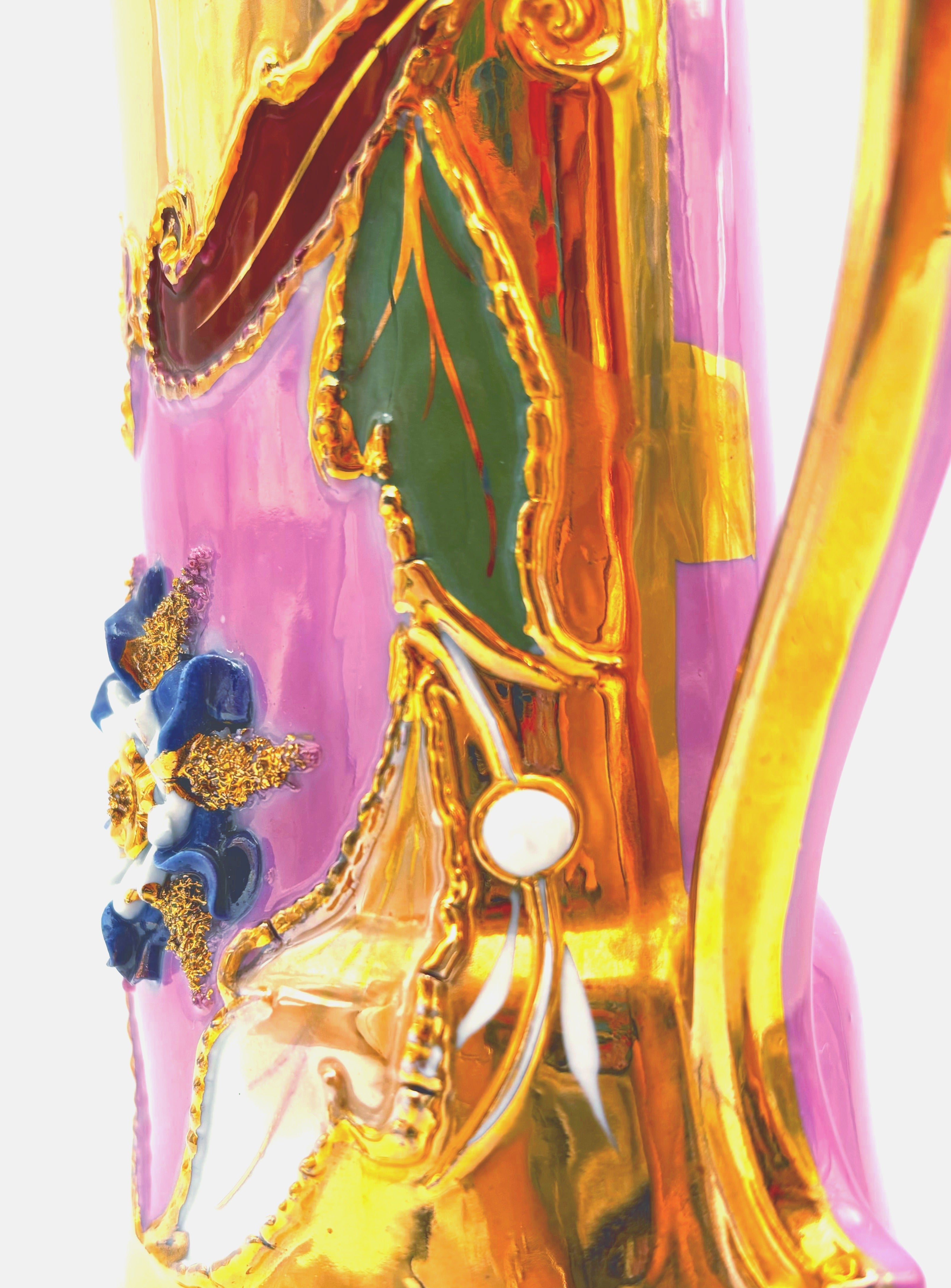 ANTIQUE GERMAN PINK & GOLD ROCOCO PORCELAIN TWO-HANDLED VASE