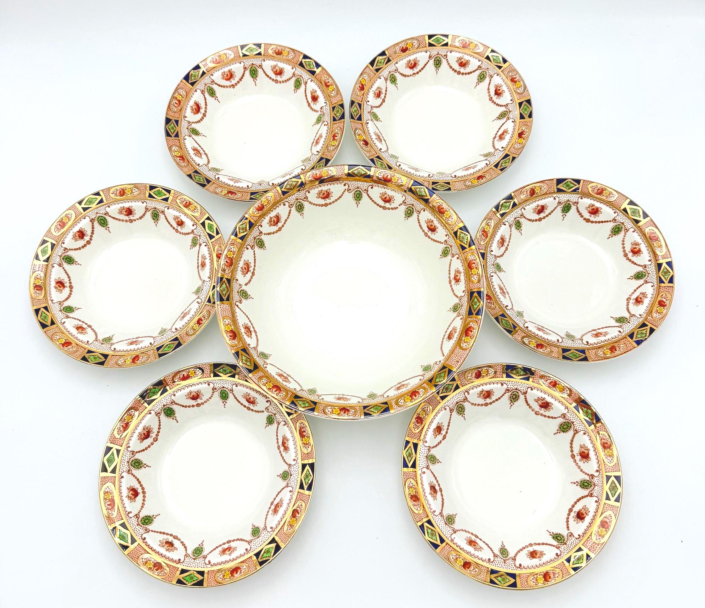 ANTIQUE ALFRED MEAKIN ENGLISH BERRY BOWL SET | 7 PIECE HAND GILDED PORCELAIN SERVING SET