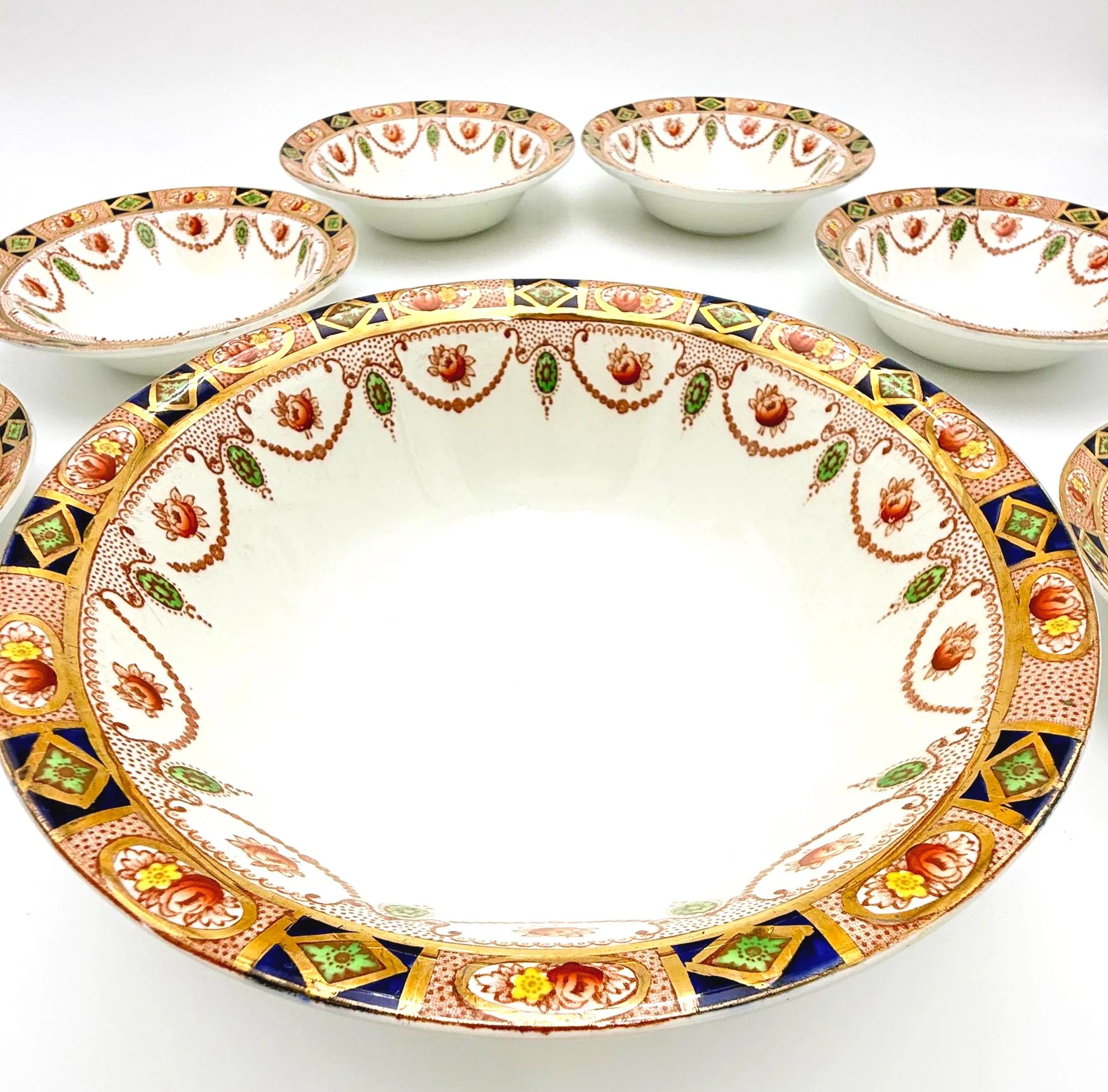 ANTIQUE ALFRED MEAKIN ENGLISH BERRY BOWL SET | 7 PIECE HAND GILDED PORCELAIN SERVING SET