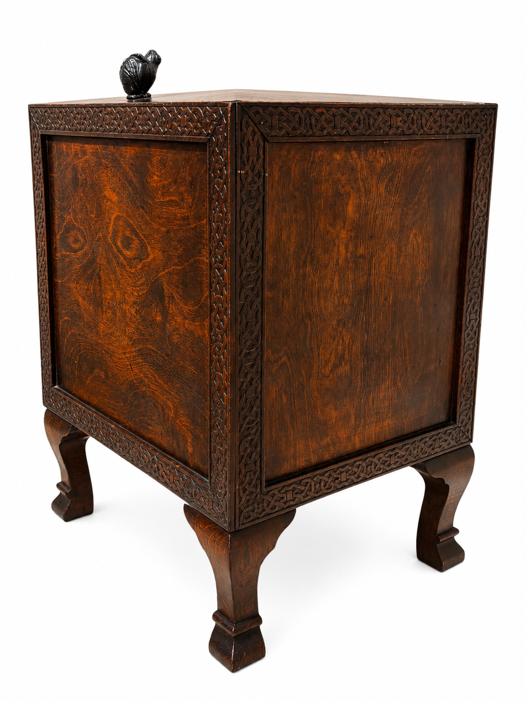 ANTIQUE ENGLISH OAK PURDONIUM CABINET – CELTIC REVIVAL ARTS & CRAFTS STORAGE CHEST WITH FROG FINIAL