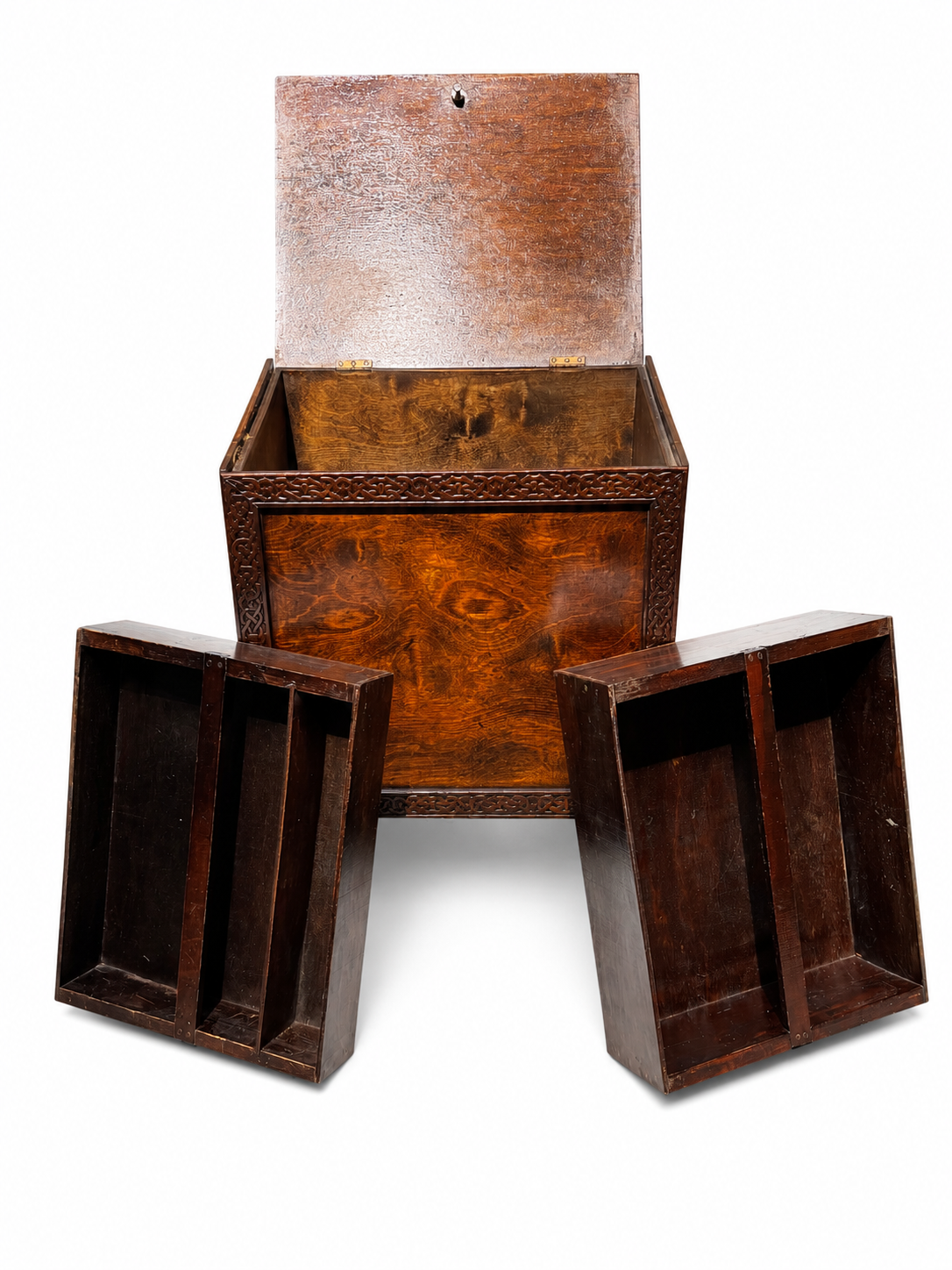 ANTIQUE ENGLISH OAK PURDONIUM CABINET – CELTIC REVIVAL ARTS & CRAFTS STORAGE CHEST WITH FROG FINIAL