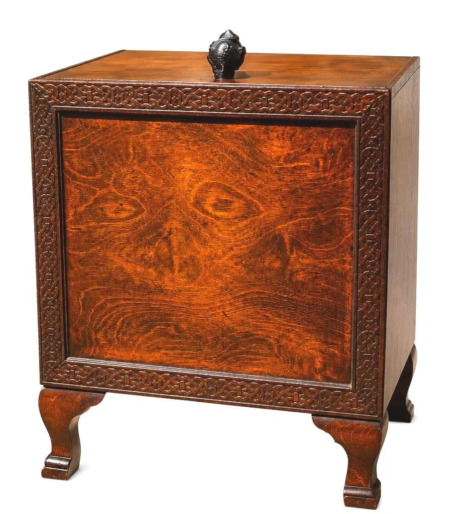 ANTIQUE ENGLISH OAK PURDONIUM CABINET – CELTIC REVIVAL ARTS & CRAFTS STORAGE CHEST WITH FROG FINIAL