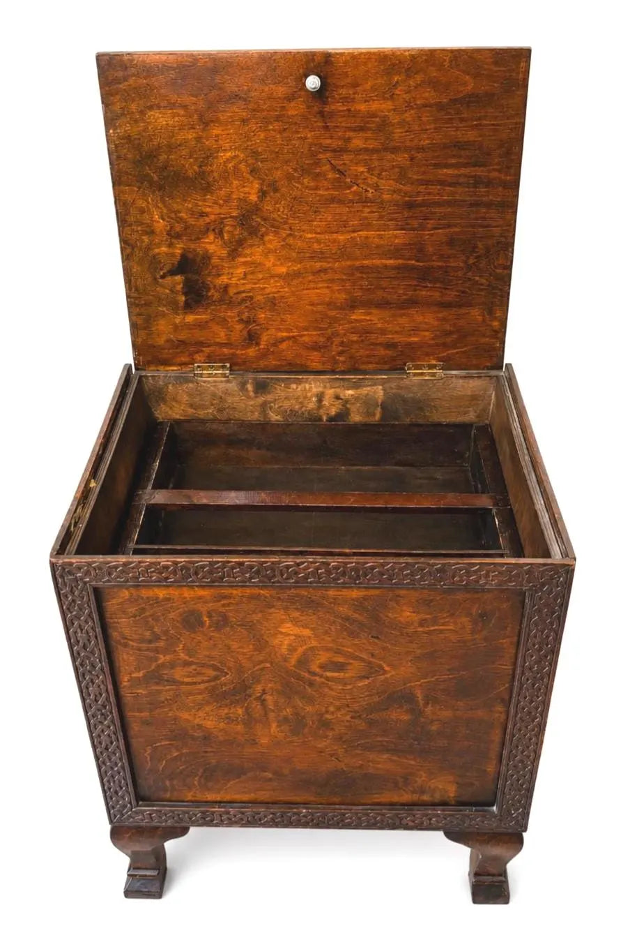 ANTIQUE ENGLISH OAK PURDONIUM CABINET – CELTIC REVIVAL ARTS & CRAFTS STORAGE CHEST WITH FROG FINIAL