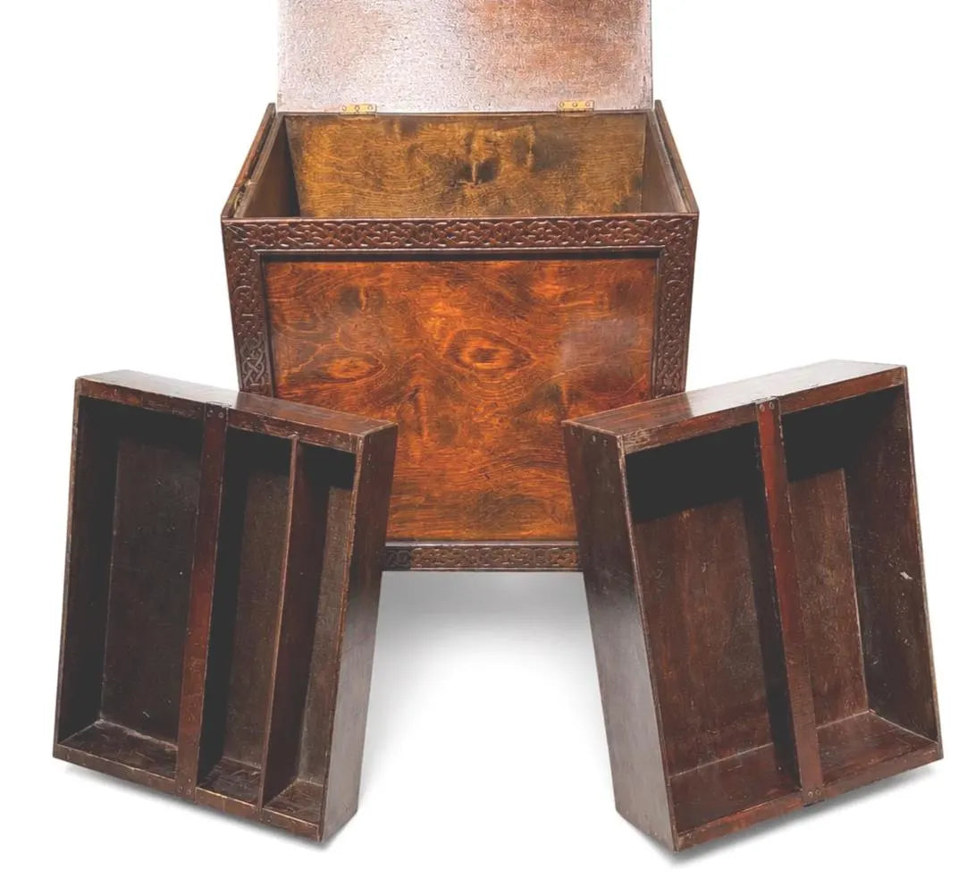 ANTIQUE ENGLISH OAK PURDONIUM CABINET – CELTIC REVIVAL ARTS & CRAFTS STORAGE CHEST WITH FROG FINIAL