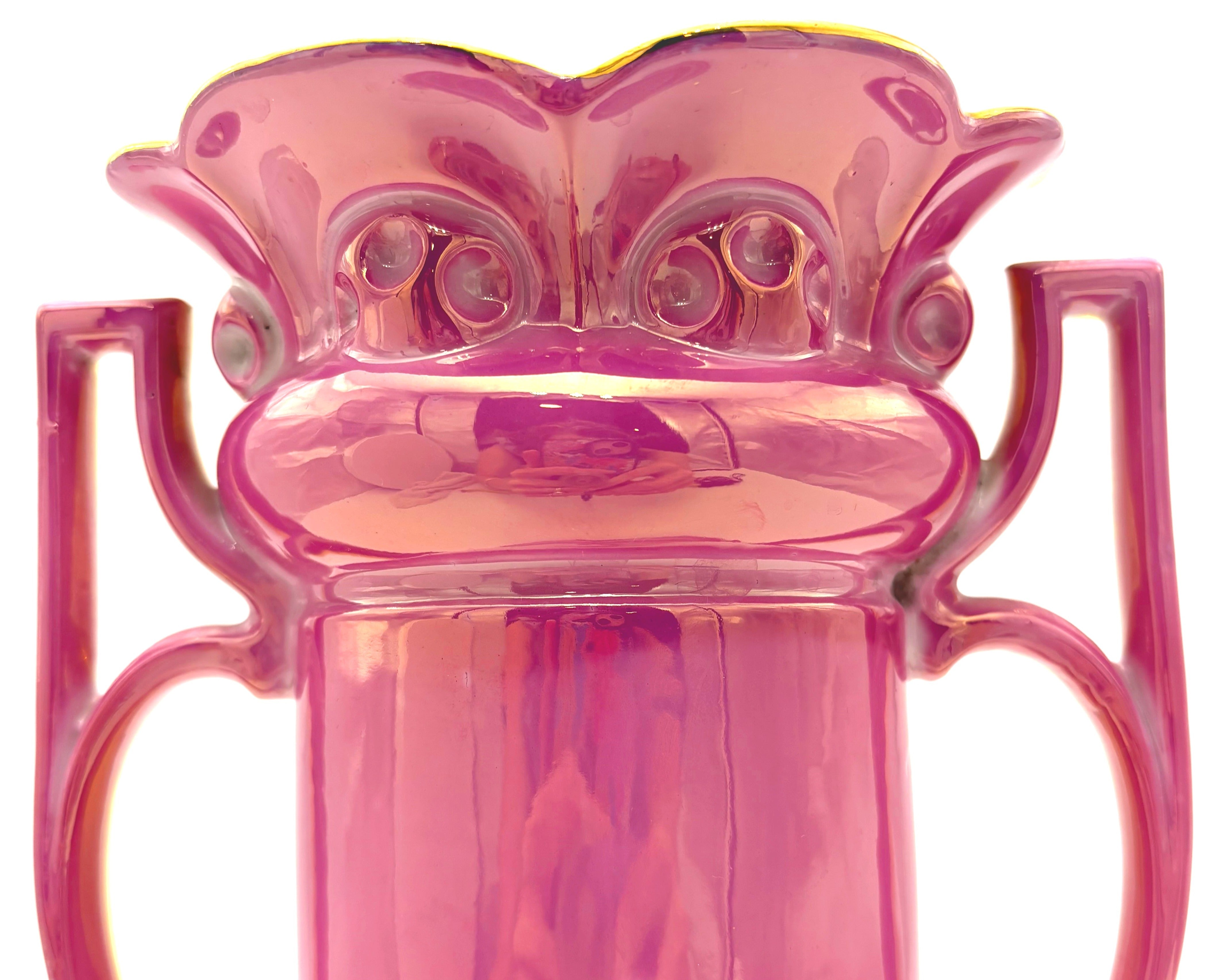 ANTIQUE GERMAN PINK & GOLD ROCOCO PORCELAIN TWO-HANDLED VASE