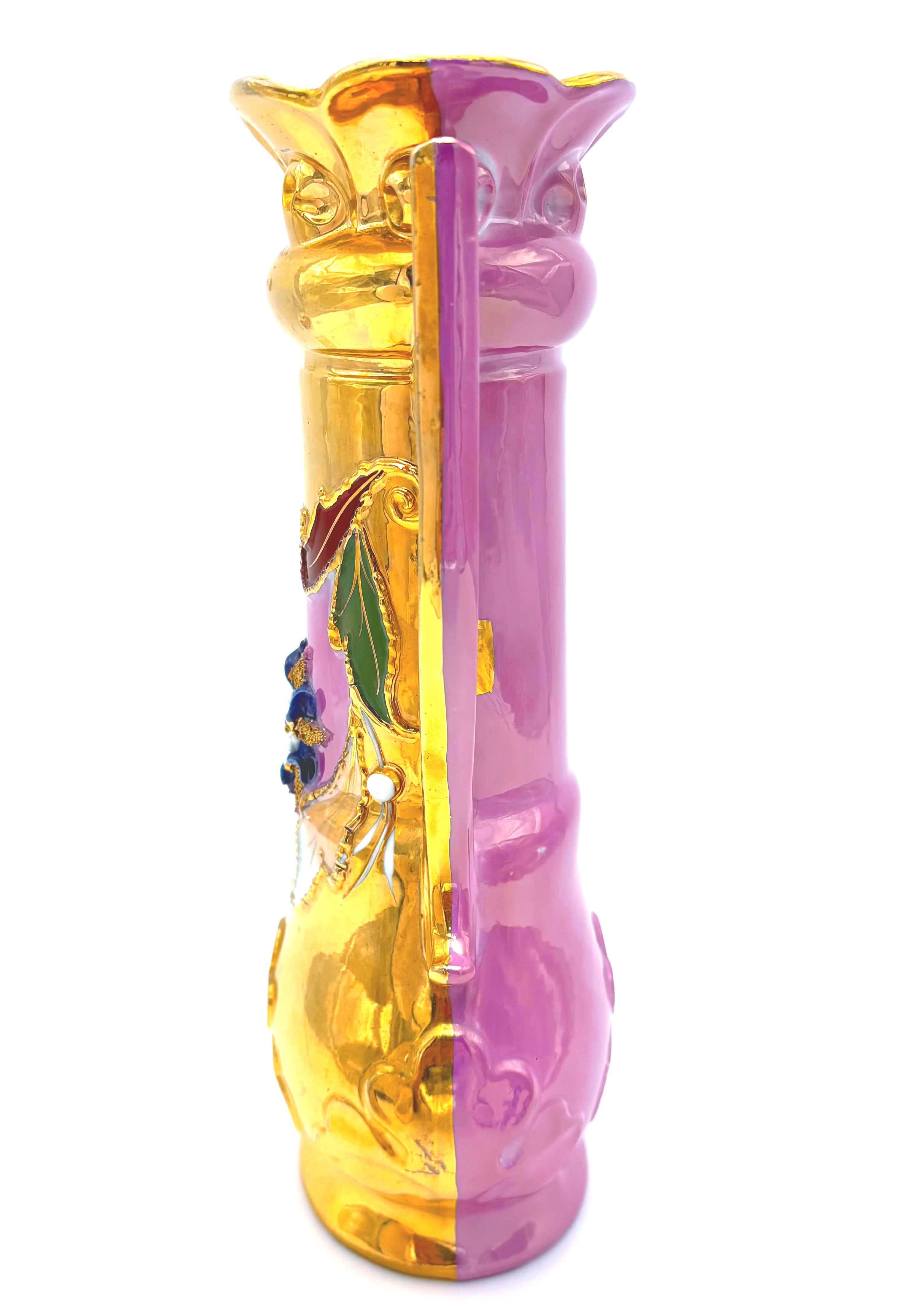ANTIQUE GERMAN PINK & GOLD ROCOCO PORCELAIN TWO-HANDLED VASE