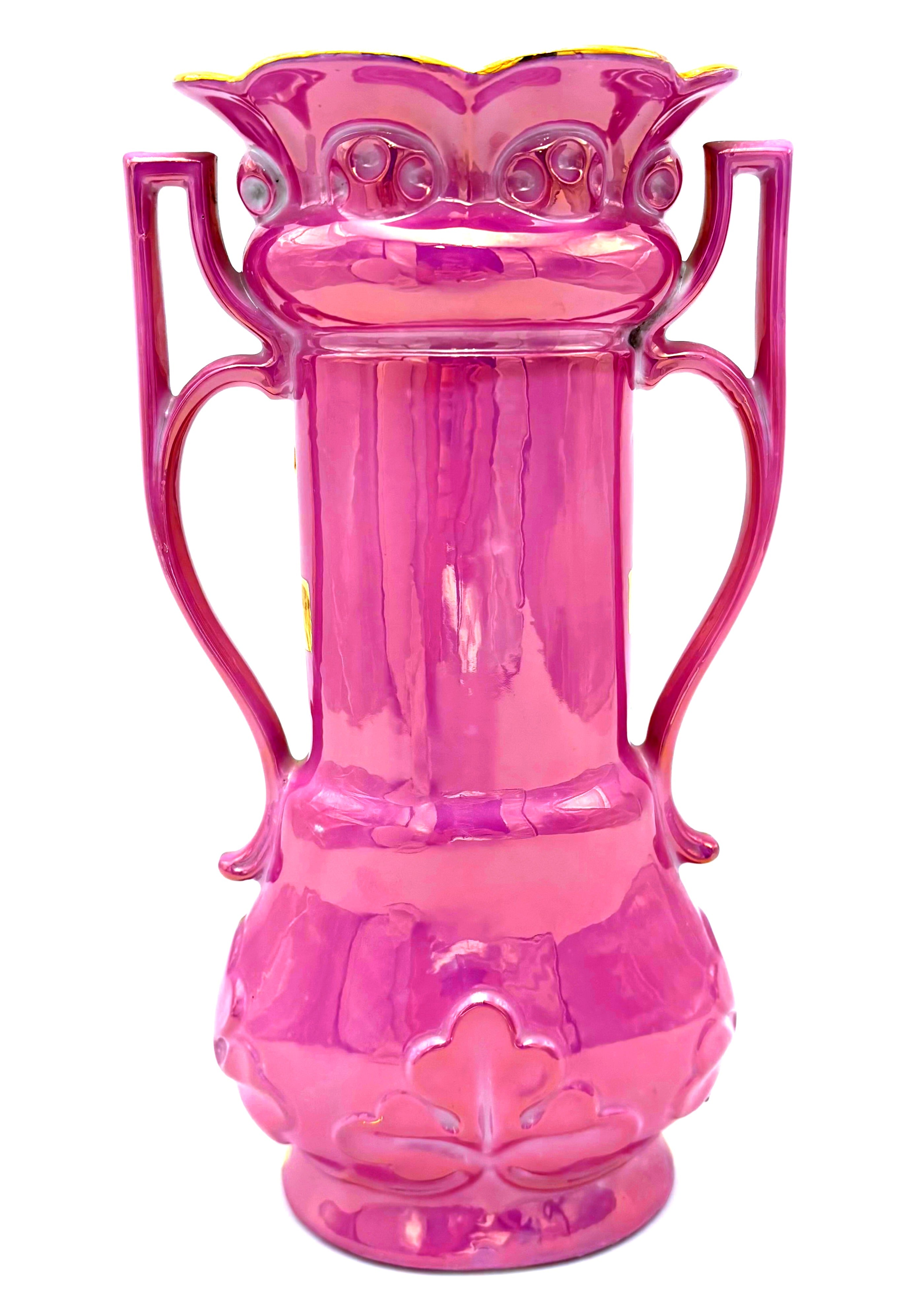 ANTIQUE GERMAN PINK & GOLD ROCOCO PORCELAIN TWO-HANDLED VASE