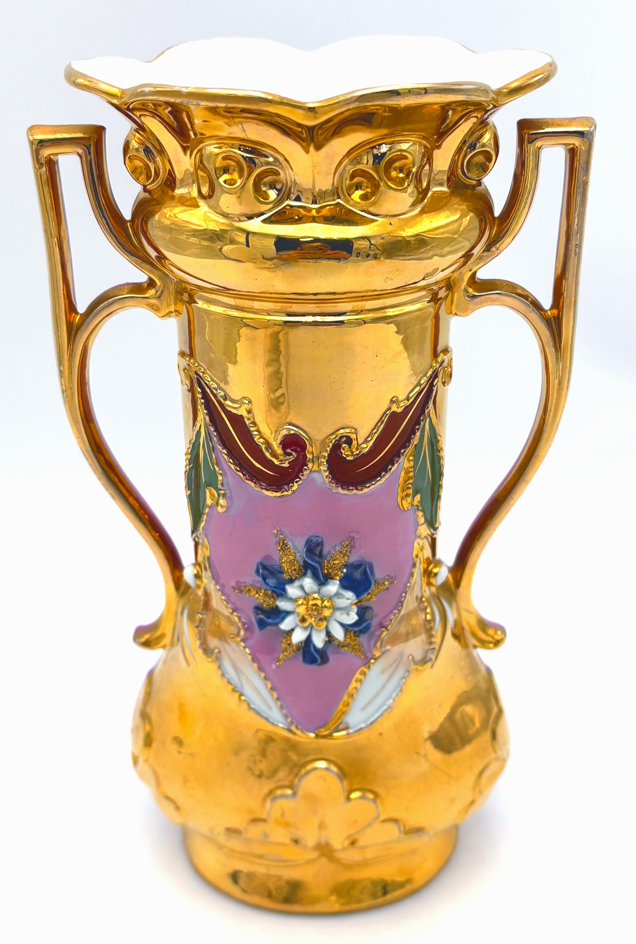 ANTIQUE GERMAN PINK & GOLD ROCOCO PORCELAIN TWO-HANDLED VASE