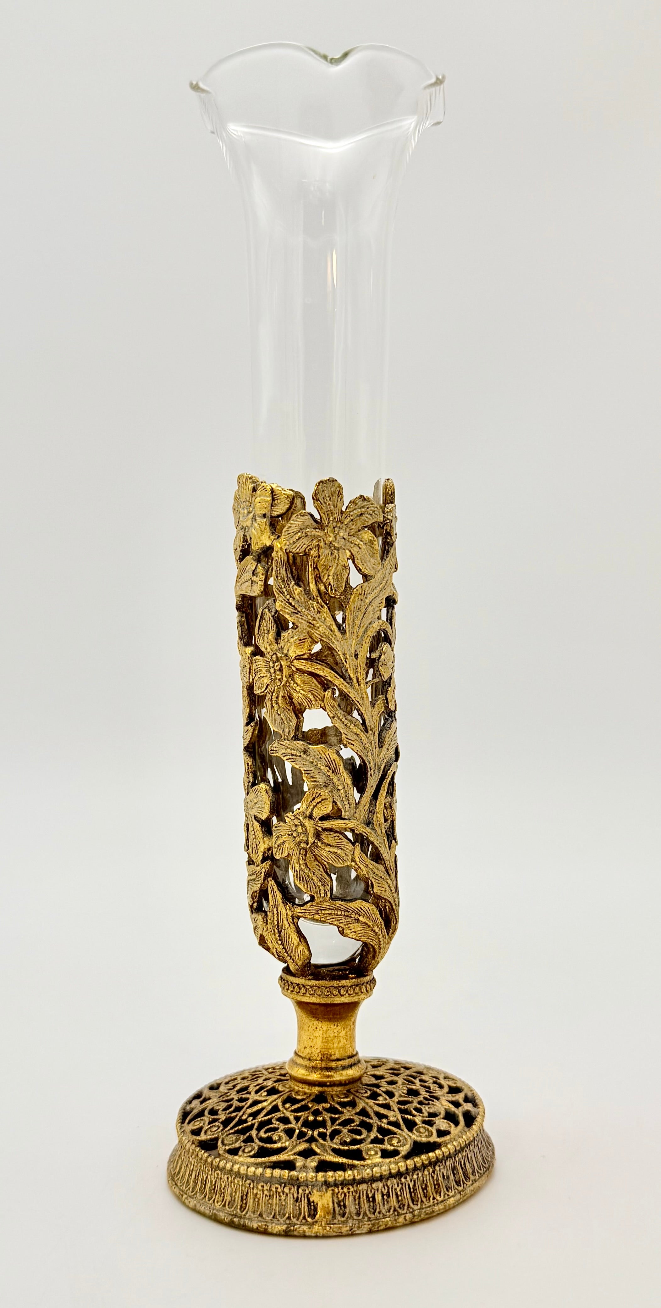 VINTAGE BRASS FILIGREE BUD VASE WITH GLASS INSERT | HOLLYWOOD REGENCY FLORAL METAL DECOR ACCENT