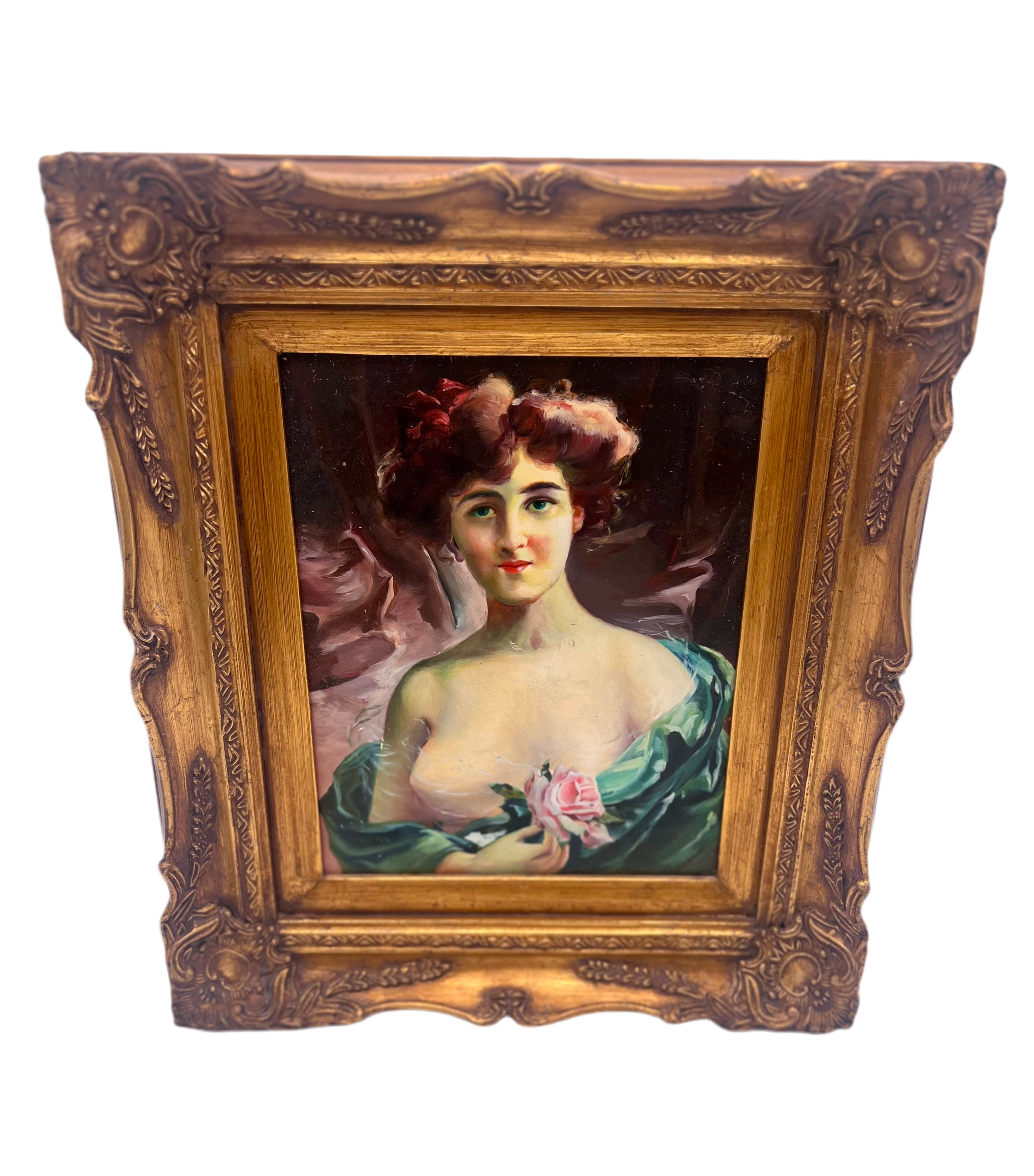 ANTIQUE STYLE PORTRAIT PAINTING OF LADY WITH ROSE IN ORNATE GILT FRAME