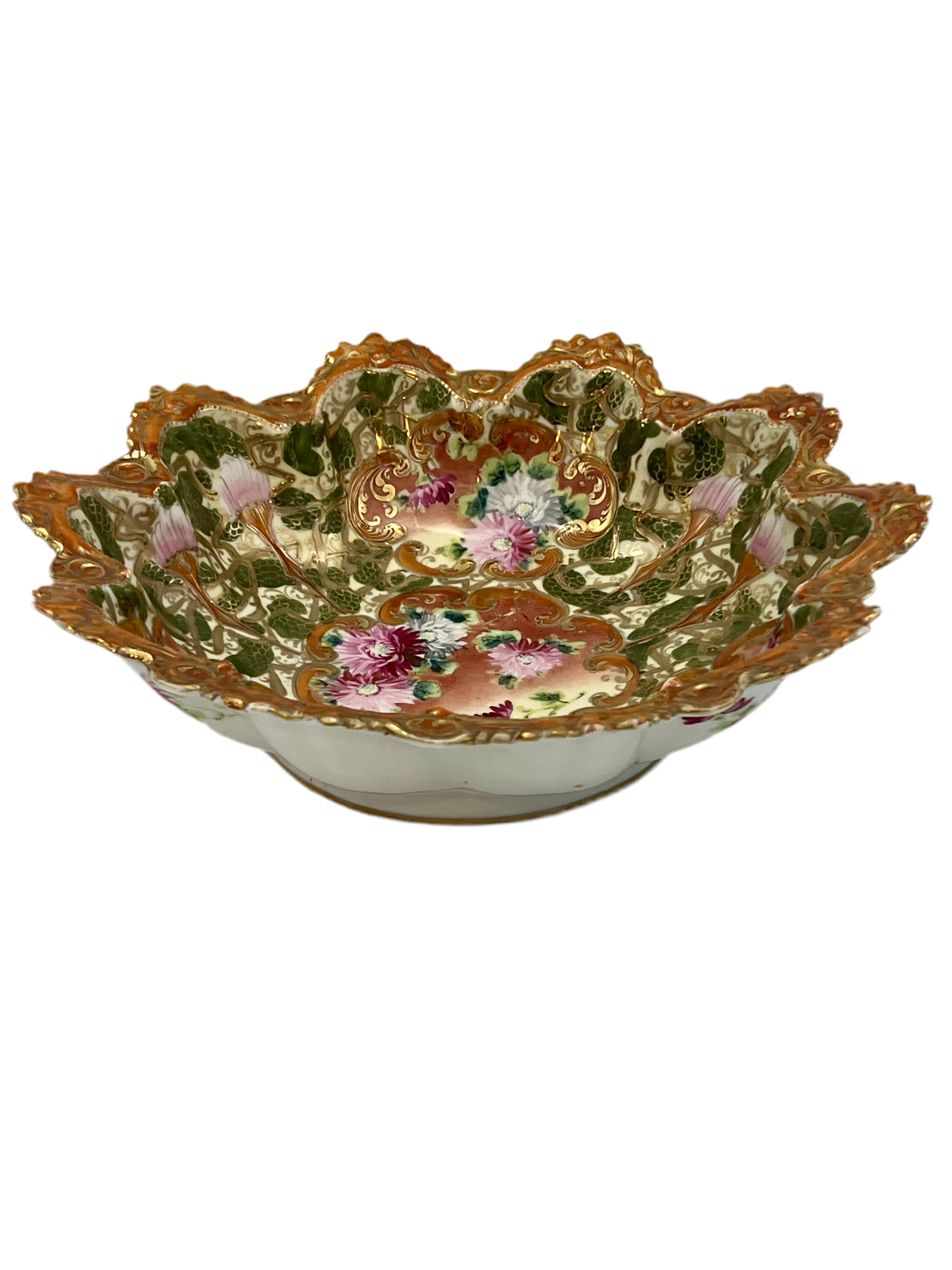 PAINTED MORIAGE BOWL – 12 INCH FLORAL CENTERPIECE WITH RAISED GOLD GILT – JAPAN CIRCA 1890s–1920s