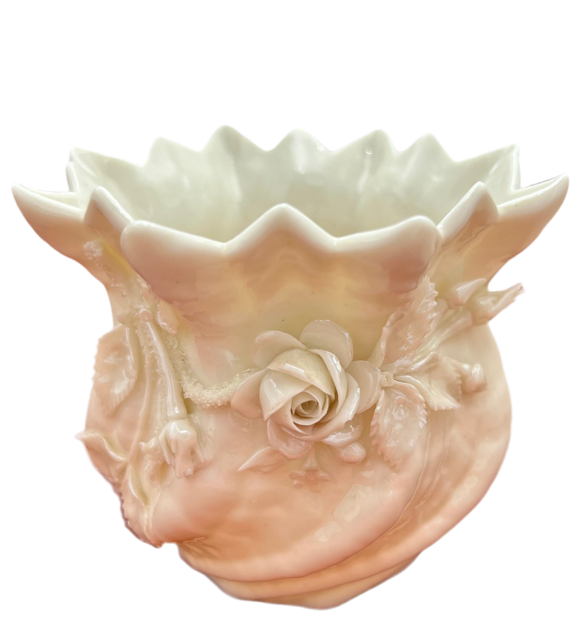 PAIR OF BELLEEK IRELAND PORCELAIN SHELL ROSE PLANTERS – 3RD BLACK MARK 1926–1946 – VINTAGE IRISH PARIAN PORCELAIN – MINT CONDITION