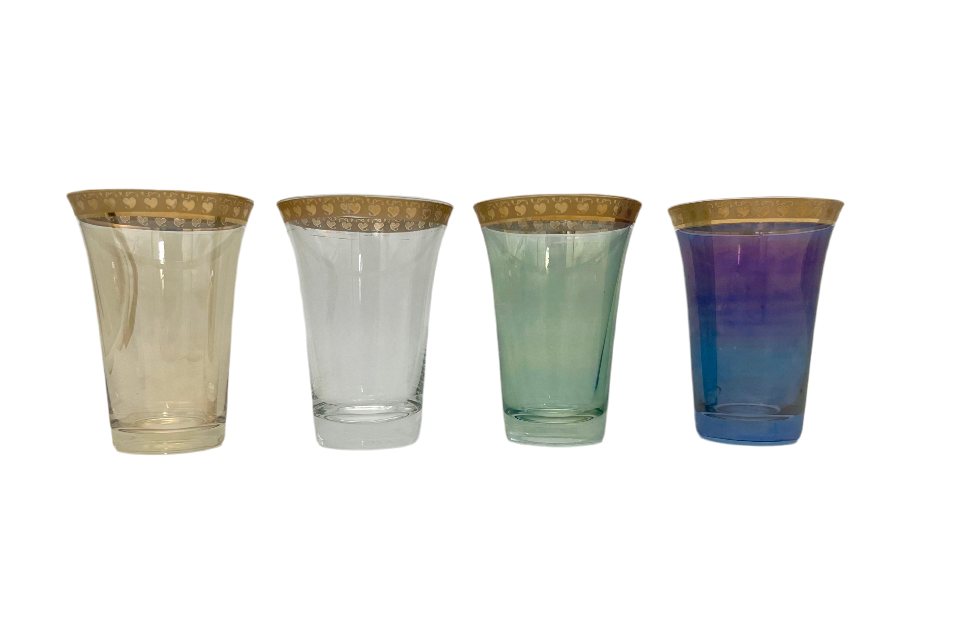 NEIMAN MARCUS ITALIAN IRIDESCENT GLASSES WITH GOLD HEART BAND – SET OF 4