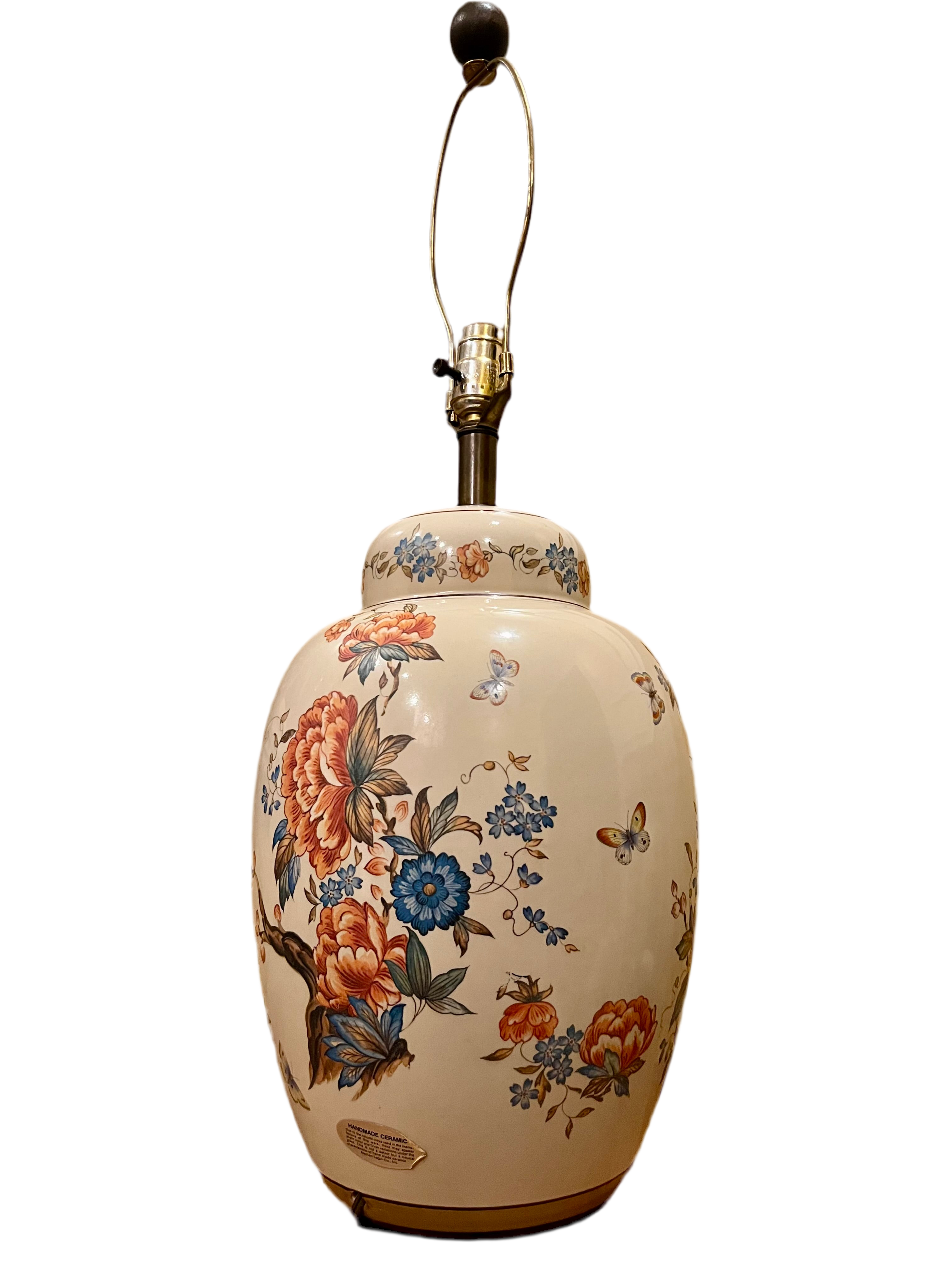 VINTAGE NATHAN LAGIN HANDMADE CERAMIC GINGER JAR LAMP – FLORAL & BUTTERFLY DESIGN