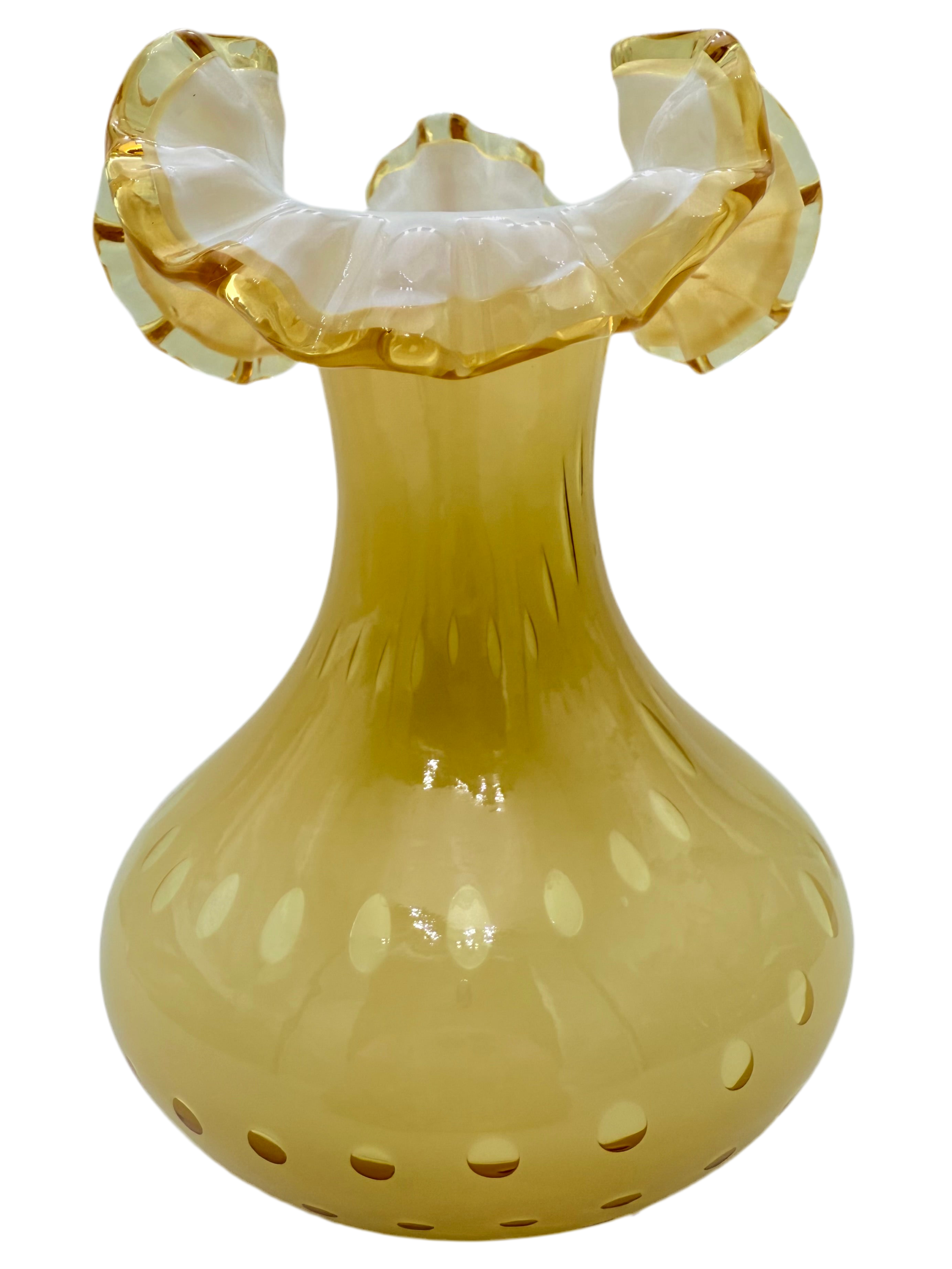 VINTAGE AMBER YELLOW OPALESCENT ART GLASS VASE WITH RUFFLED RIM – MID CENTURY EUROPEAN DECOR – 7.5 INCH