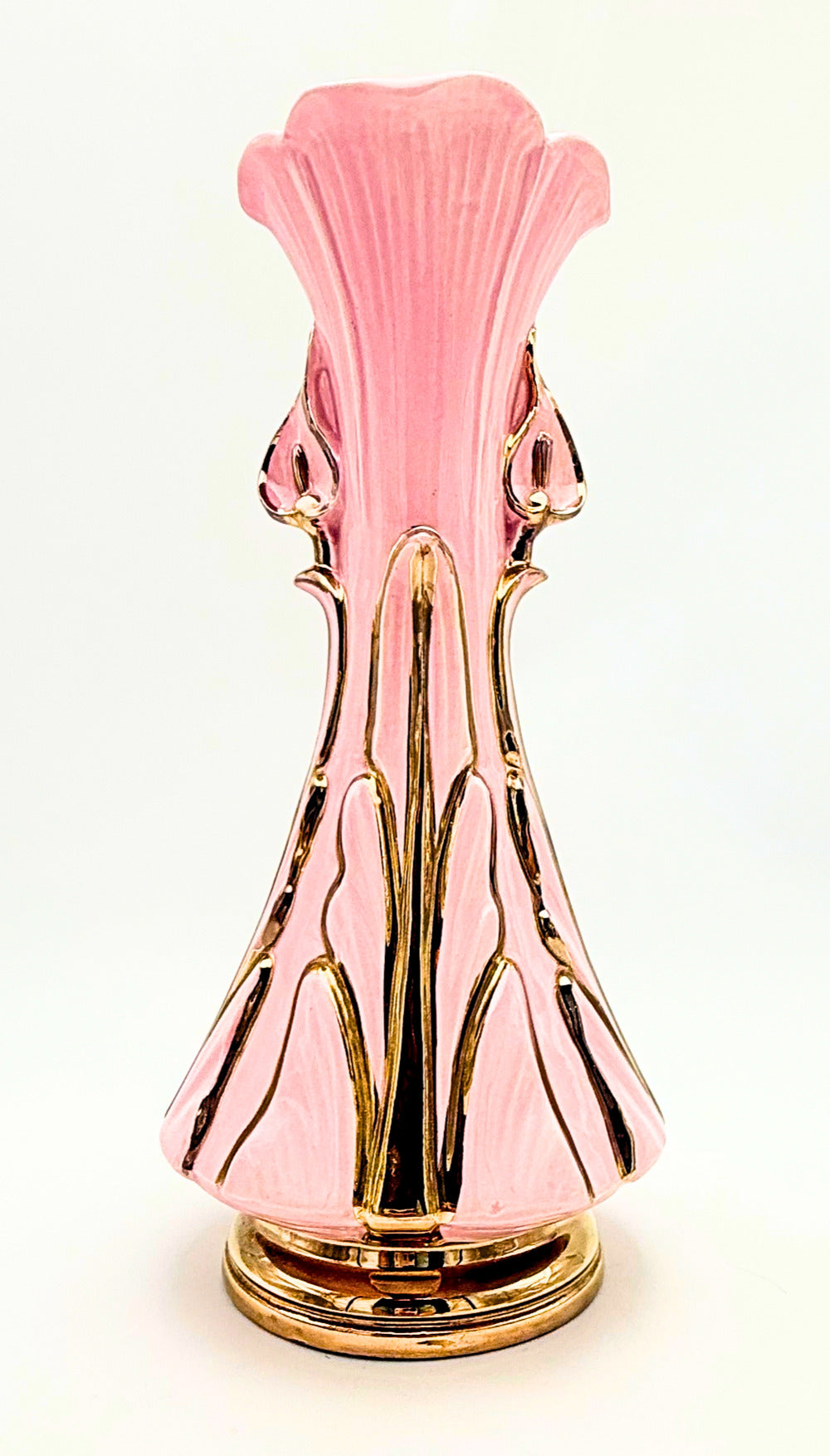 Vintage Pink Gold Vase 12” Sculptural Floral Ceramic Art Nouveau Revival Hollywood Regency Decor